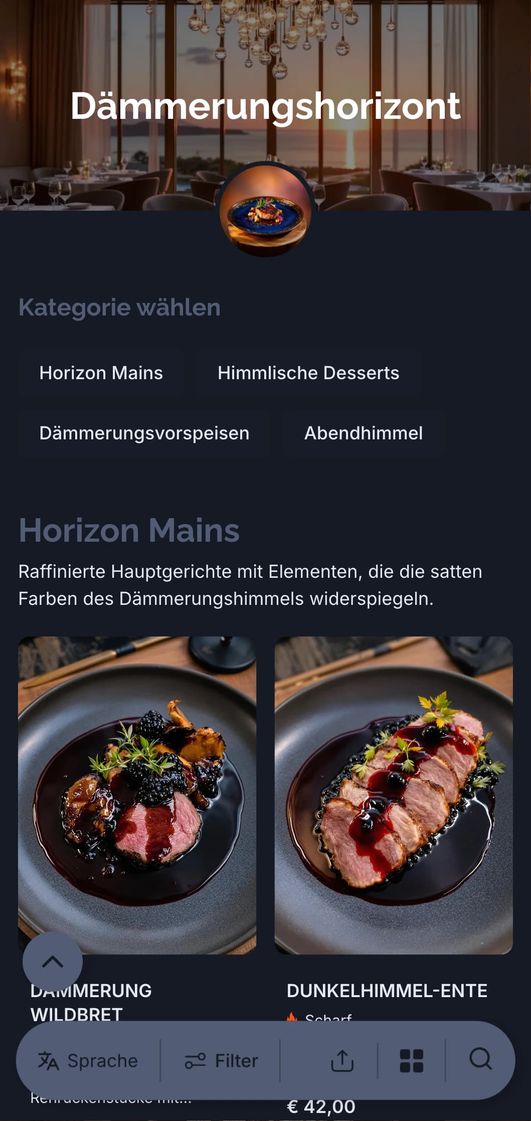 Ein raffiniertes Konzept für das Abendessen, inspiriert von den raffinierten Farben der Abenddämmerung und des Himmels.