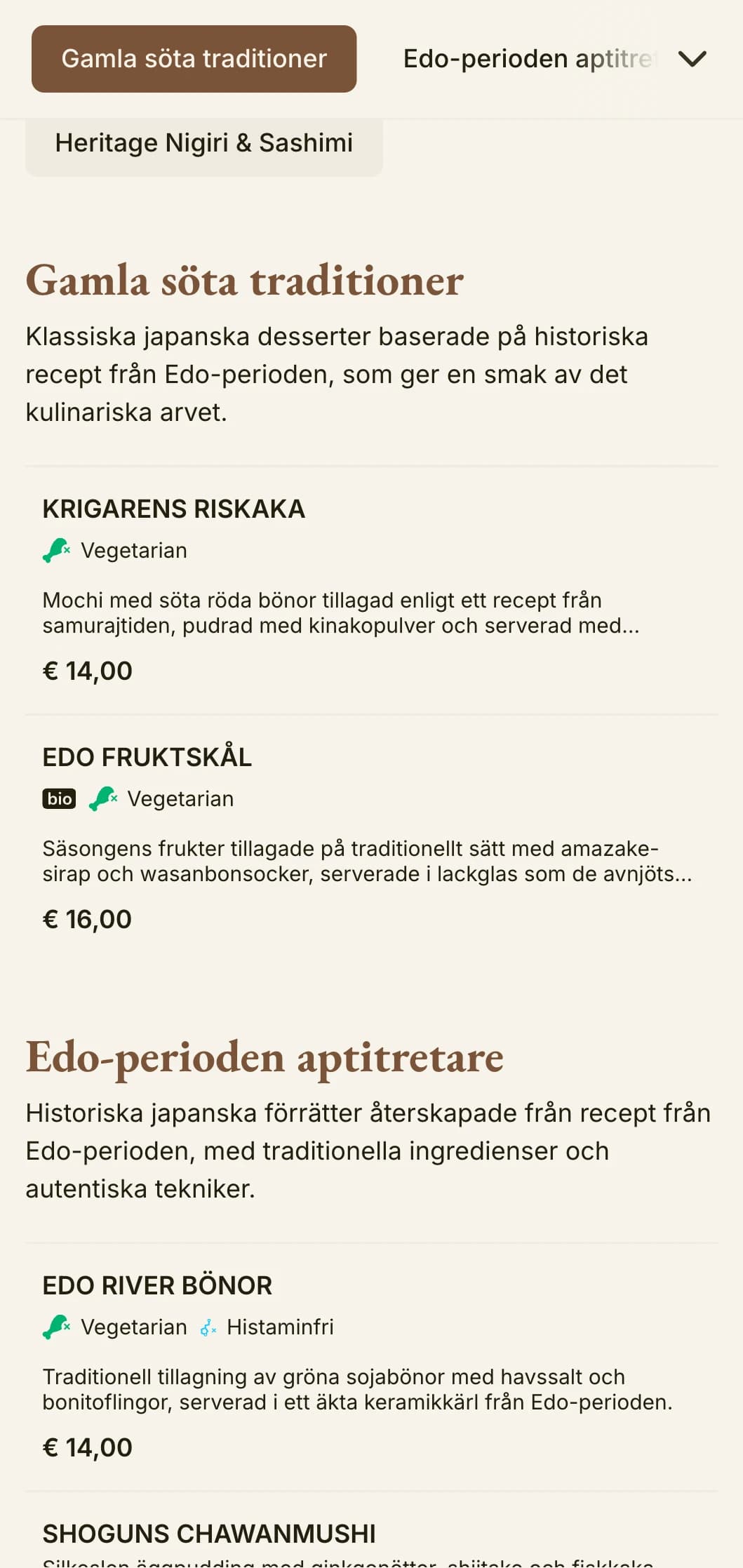 Historisk japanskinspirerad sushimeny med traditionell estetik från Edo-perioden och klassisk typografi.