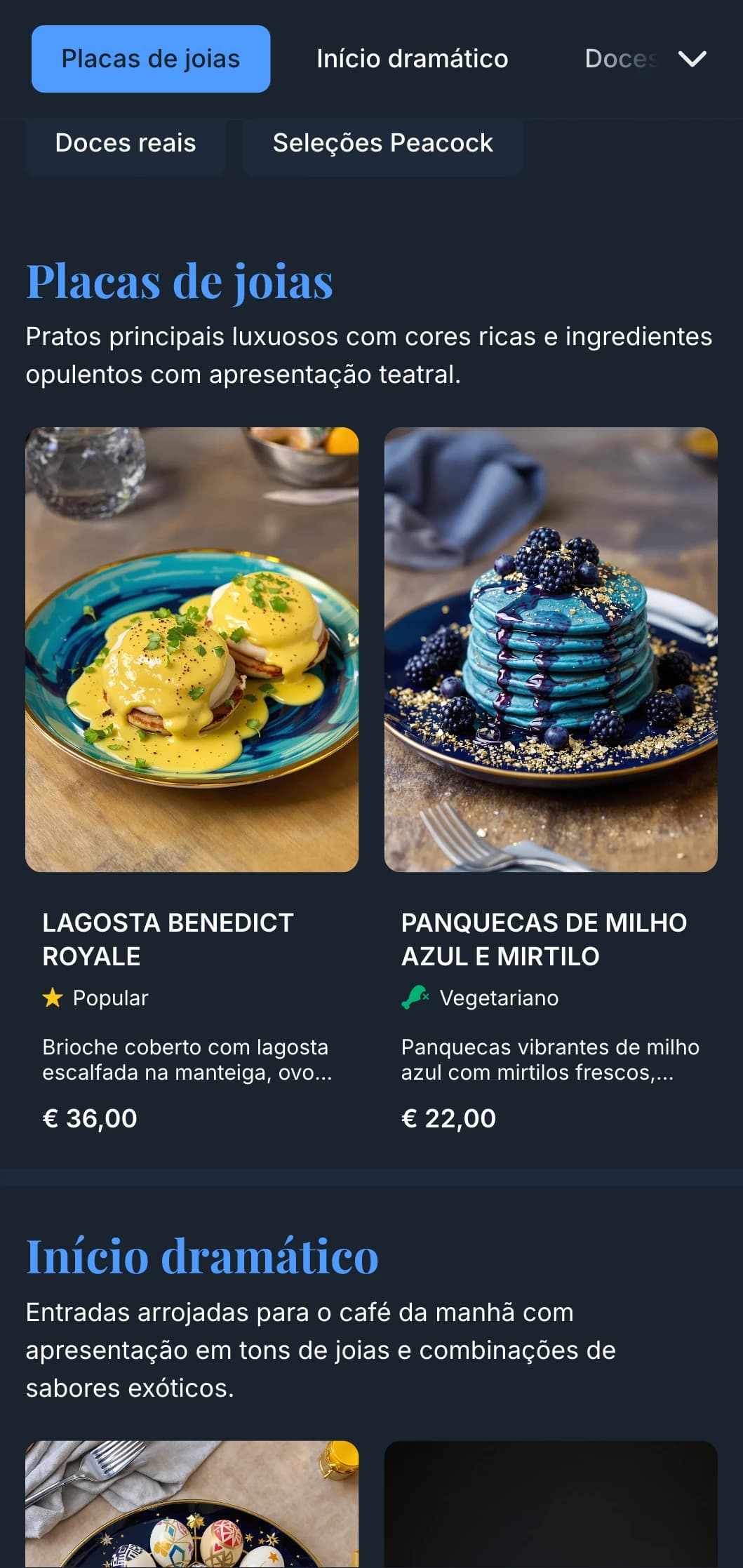 Modelo de brunch rico, em tons de joias, com detalhes elegantes, adequado para cafés de luxo e brunches para ocasiões especiais.