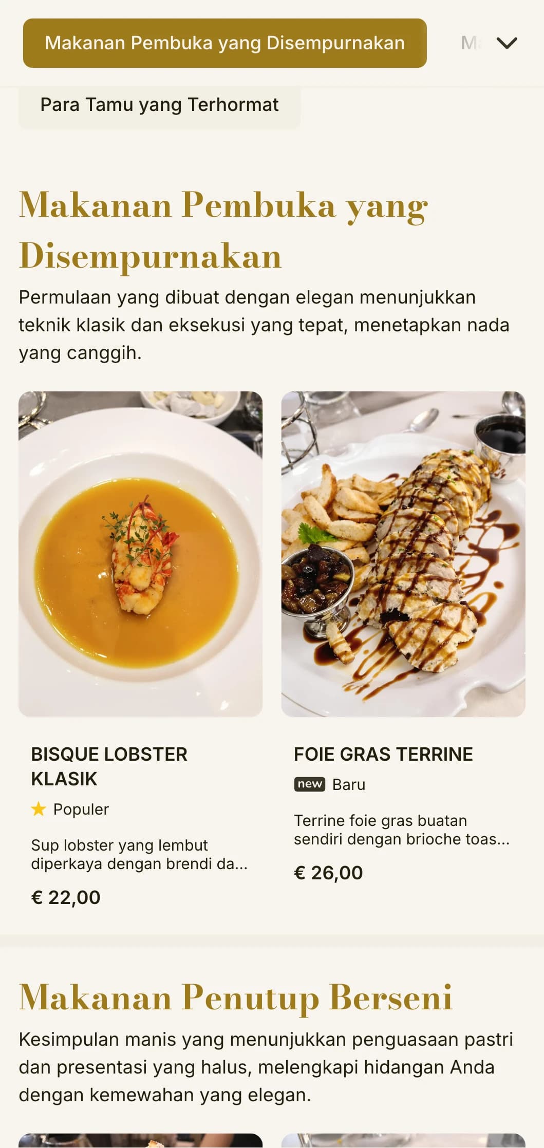 Desain menu makan siang yang halus dan canggih dengan tipografi yang halus dan proporsi klasik, cocok untuk restoran kelas atas dan restoran mewah yang menawarkan layanan makan siang.