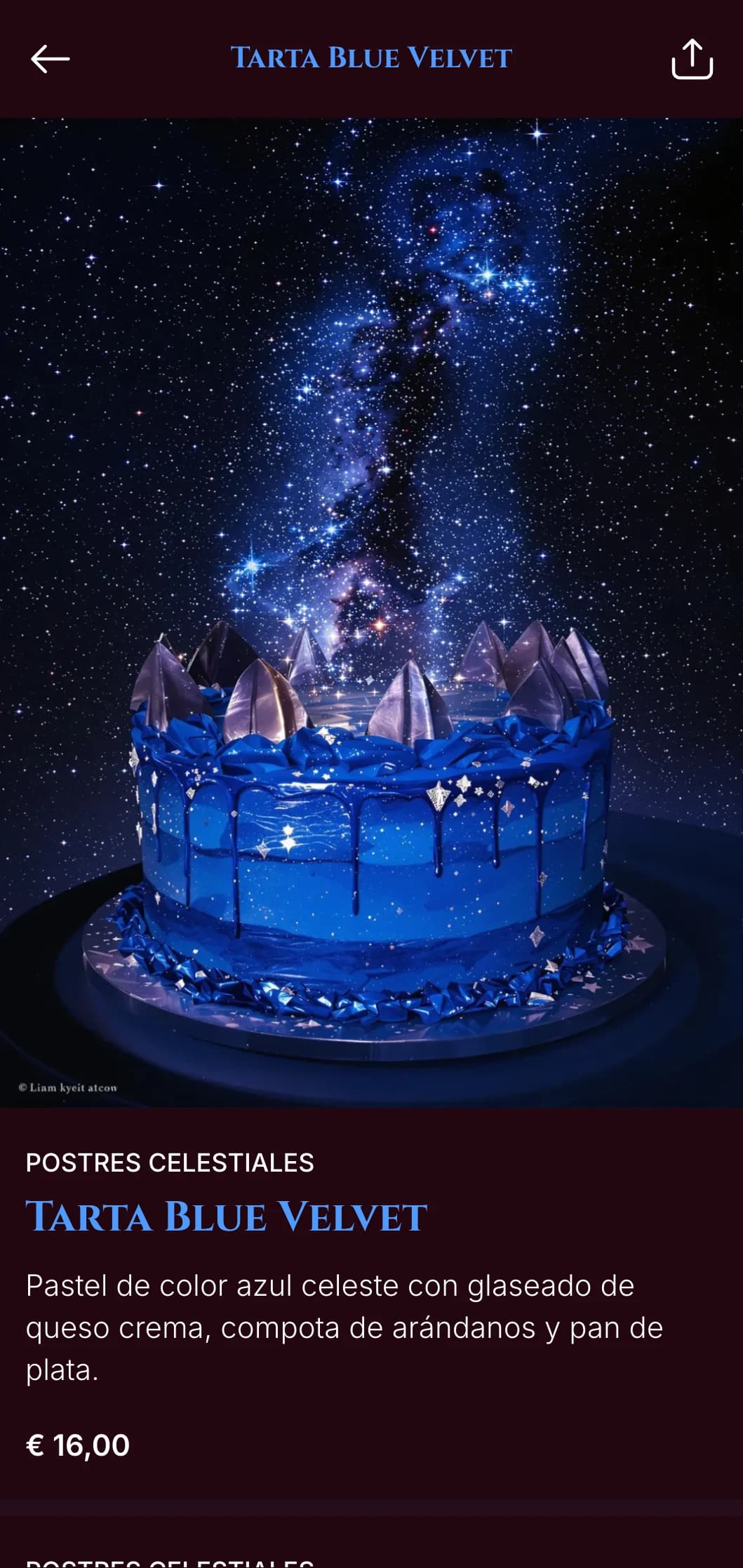 Un espectacular menú en azul noche con toques dorados, diseñado para cenas nocturnas de ambiente lujoso.