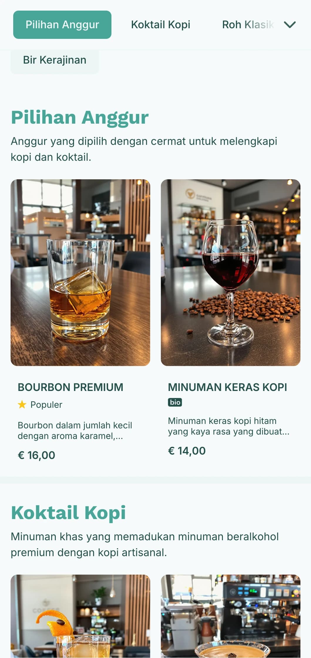 Desain teal yang segar untuk kedai kopi dan koktail hibrida.