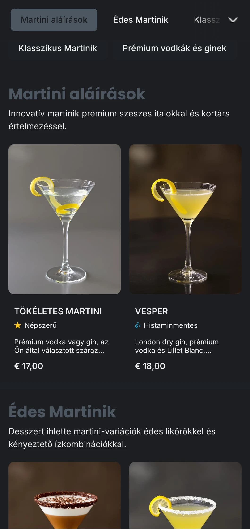 Elegáns, nagyvárosi design városi martinibárok számára, hűvös szürke tónusokkal és letisztult tipográfiával.