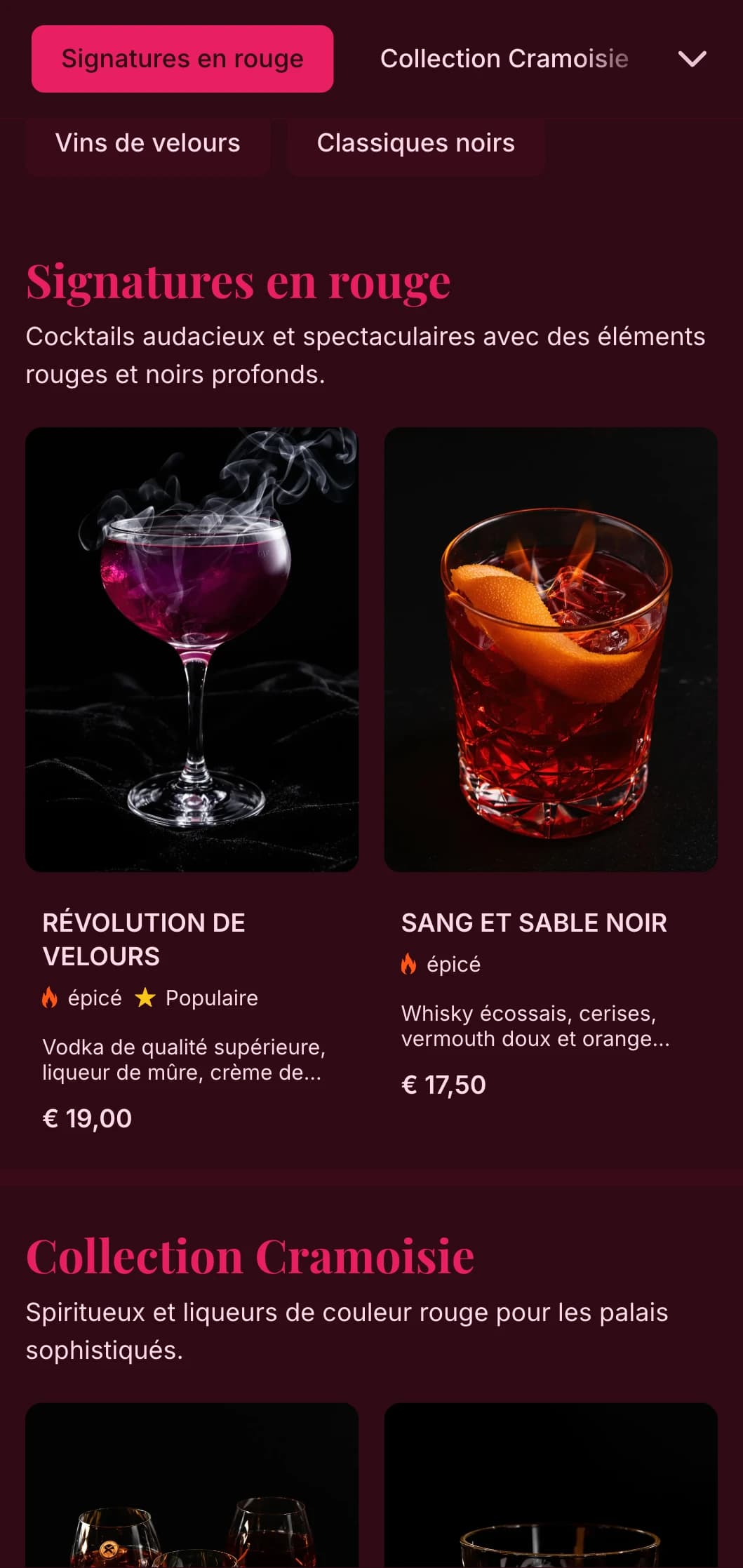Un design audacieux en noir et rouge avec des textures luxueuses pour des cocktails spectaculaires.