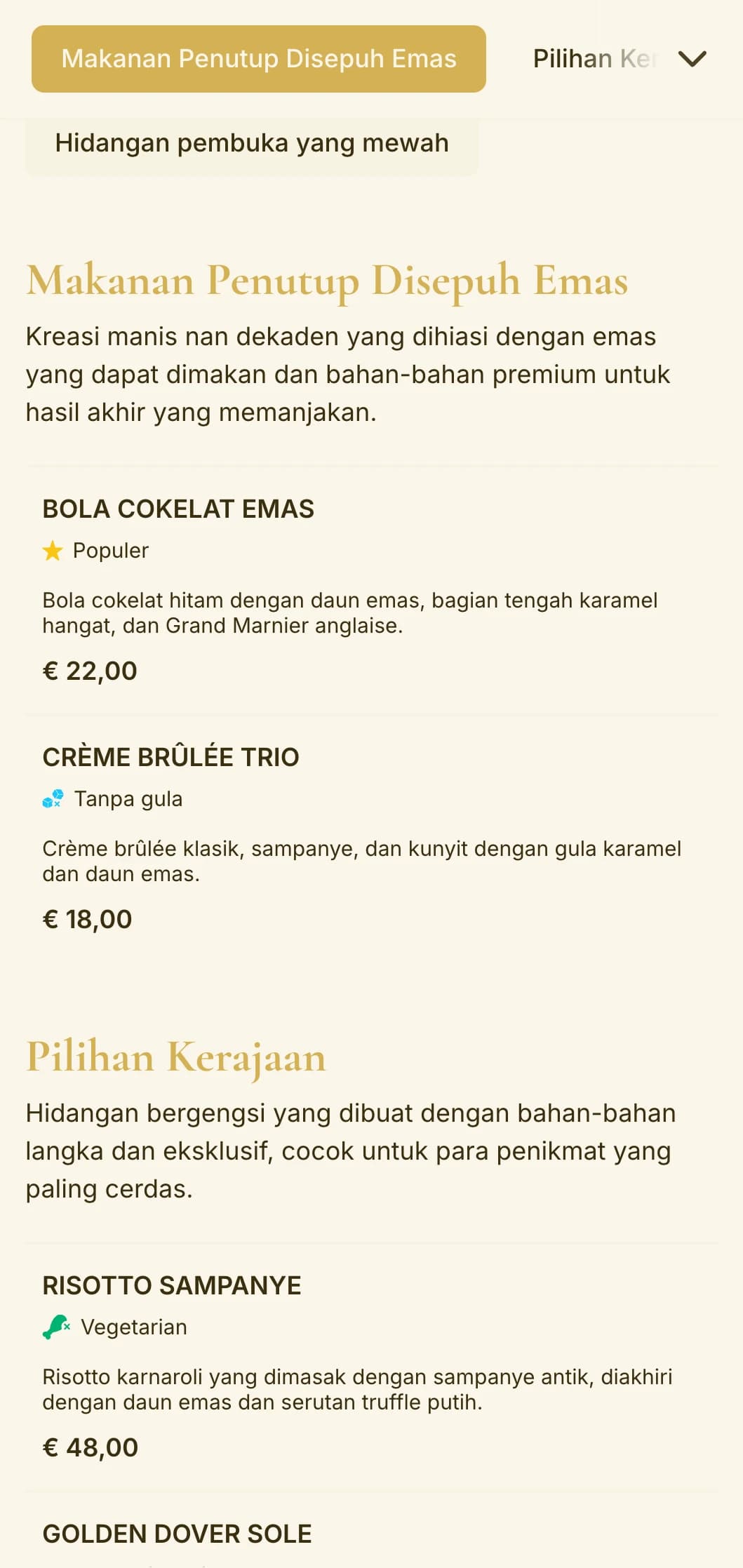 Desain bertema emas yang mewah memancarkan kemewahan dan eksklusivitas, cocok untuk restoran kelas atas dan acara makan malam khusus.