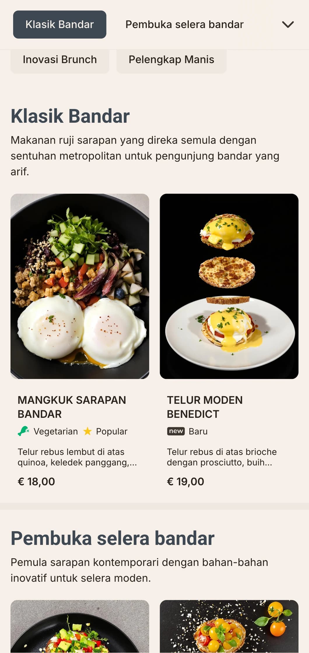 Pilihan sarapan kontemporari yang anggun untuk urbanite moden, menampilkan persembahan minimalis dan kombinasi rasa yang inovatif.