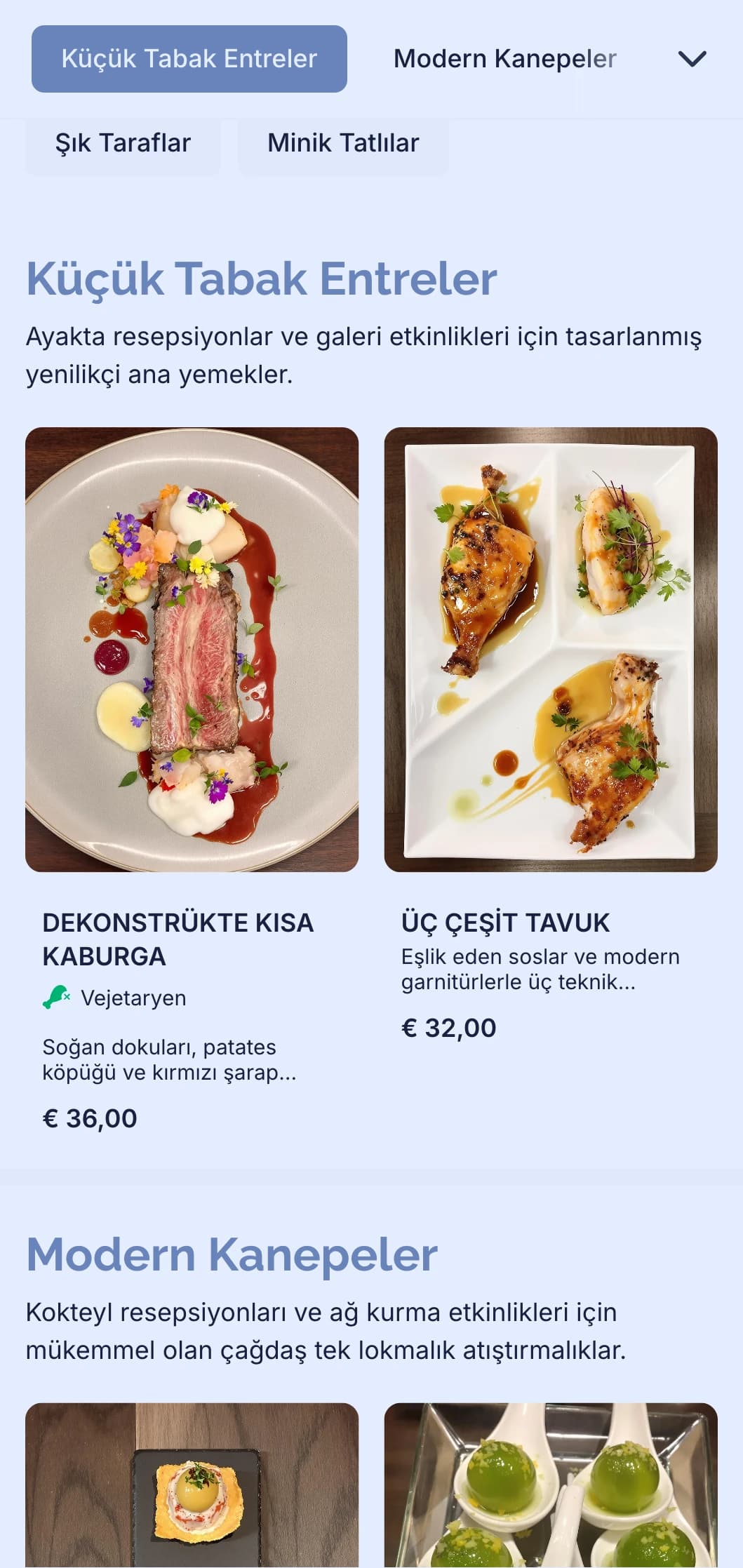 Yenilikçi kanepeler, küçük atıştırmalıklar ve ağ oluşturma etkinlikleri ve galeri açılışları için çağdaş sunumlar içeren kokteyl etkinlikleri için şık ve modern catering.