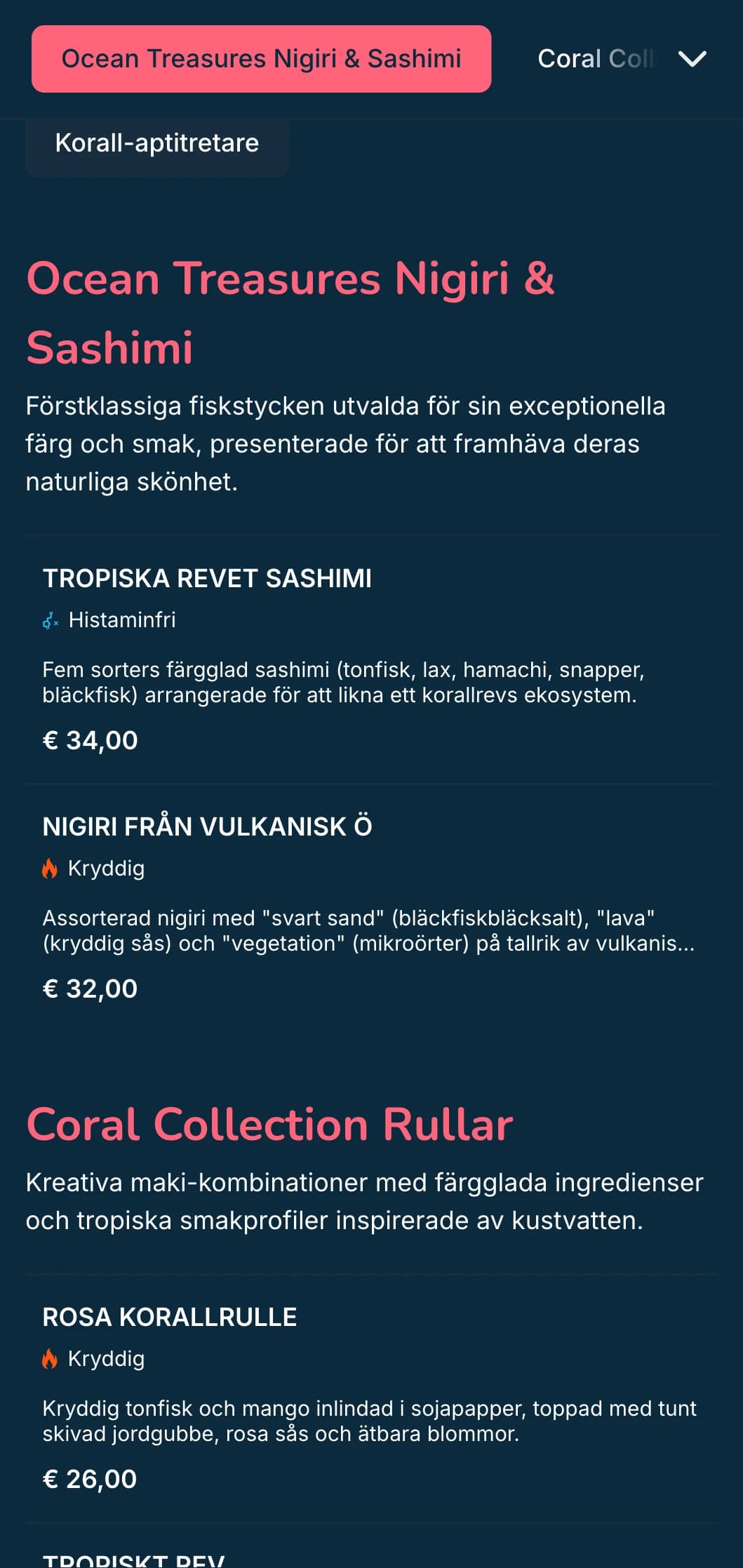 Levande havsinspirerad sushimeny med korallrosa accenter mot djupblå bakgrunder, perfekt för fisk- och skaldjursspecialister.