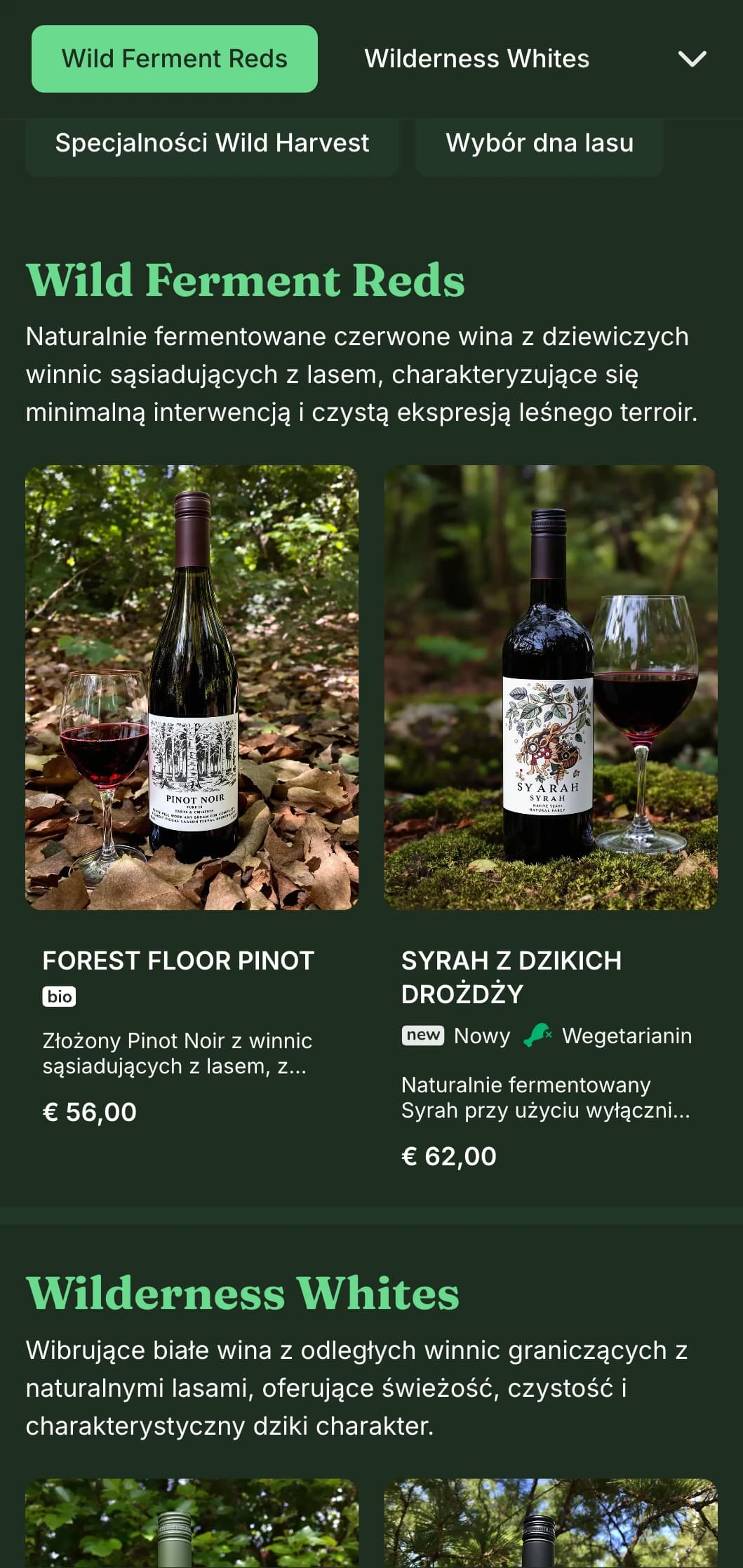 Inspirowany naturą szablon ciemnej karty win z żywymi zielonymi akcentami na leśnym tle, idealny do leśnych restauracji i rustykalnych winiarni.