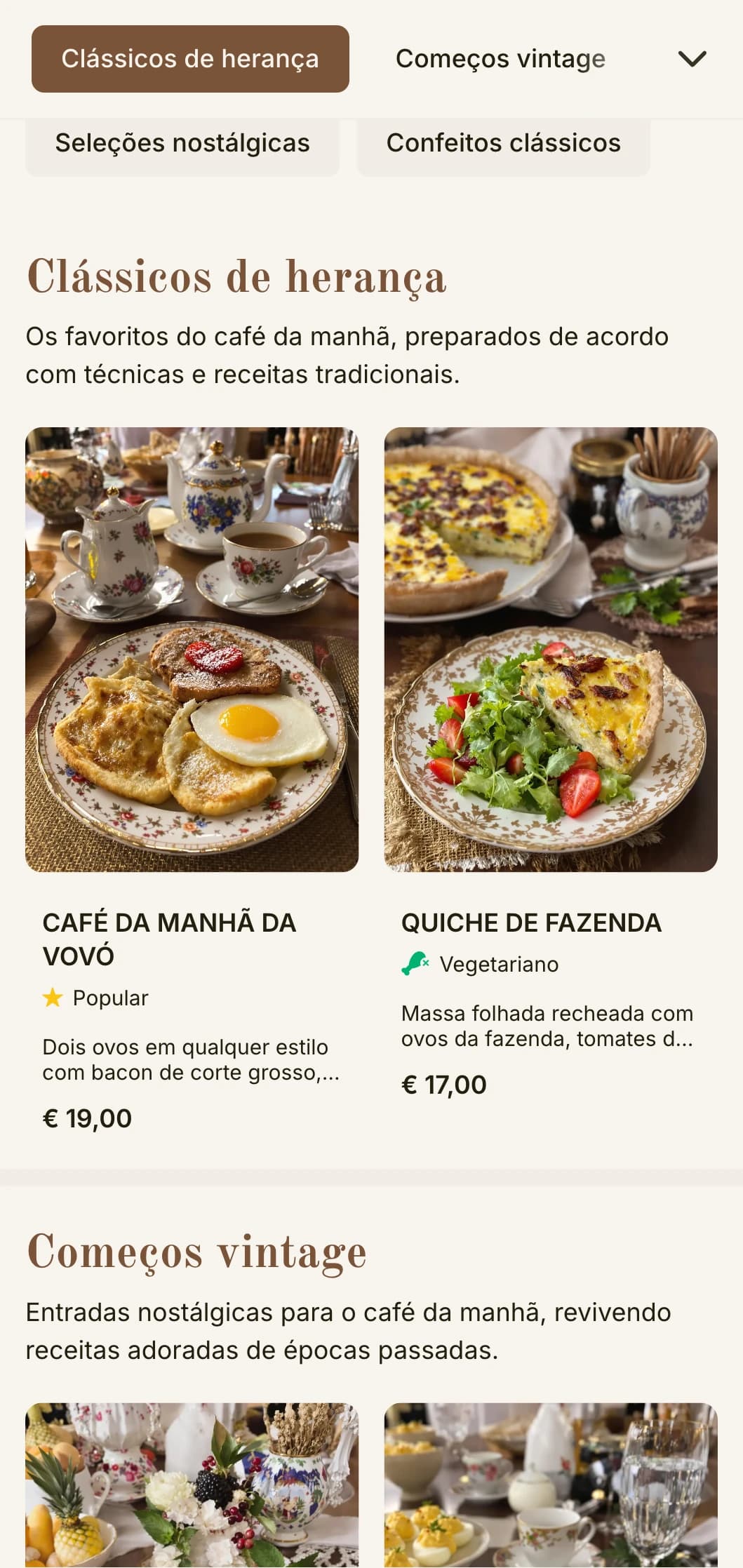 Ofertas matinais nostálgicas inspiradas em receitas adoradas do passado, apresentadas com elegância atemporal.