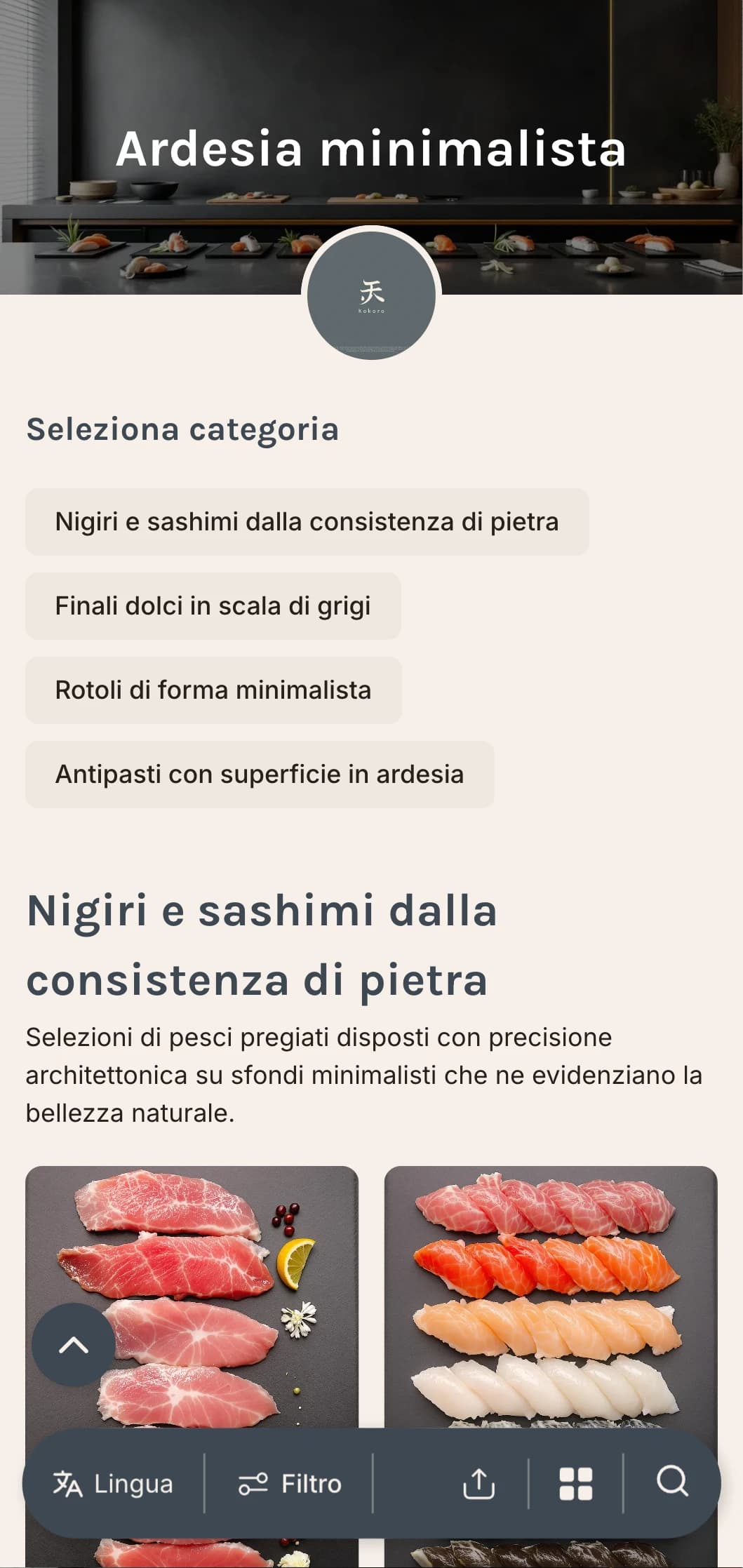 Menu di sushi pulito e contemporaneo, con toni grigio ardesia e design minimalista per locali casual di lusso.