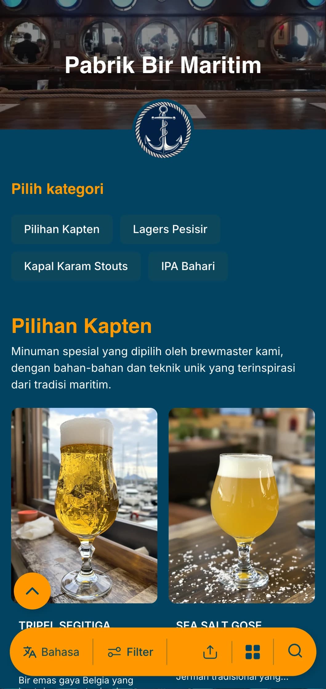 Templat bertema bahari dengan warna biru angkatan laut dan elemen pelayaran, cocok untuk tempat pembuatan bir pesisir dan pub pelabuhan.