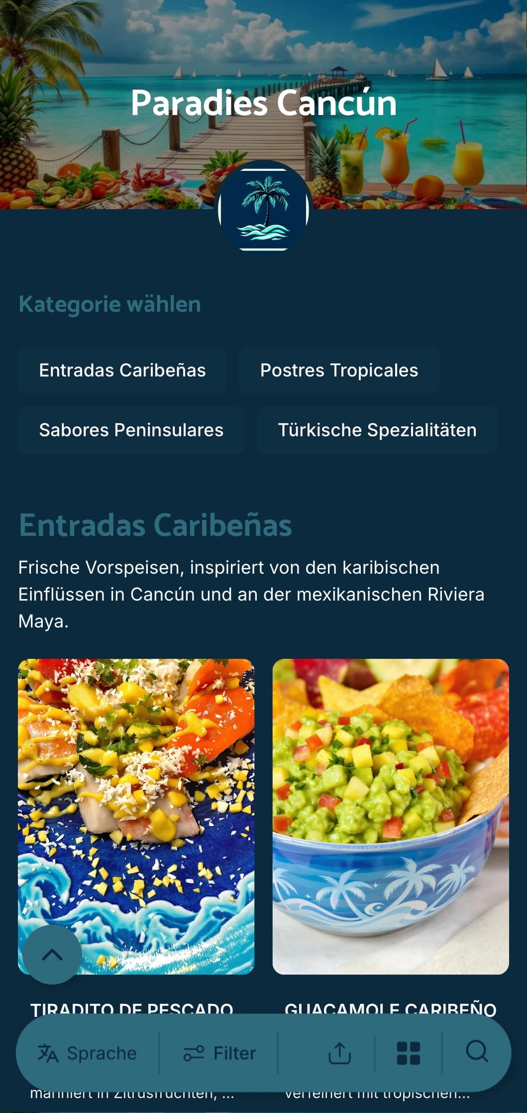Helle und erfrischende Speisekarte für den Urlaubsort Cancún mit Akzenten aus türkisfarbenem Wasser, Küche am Strand und vom Urlaub inspirierten Gerichten.