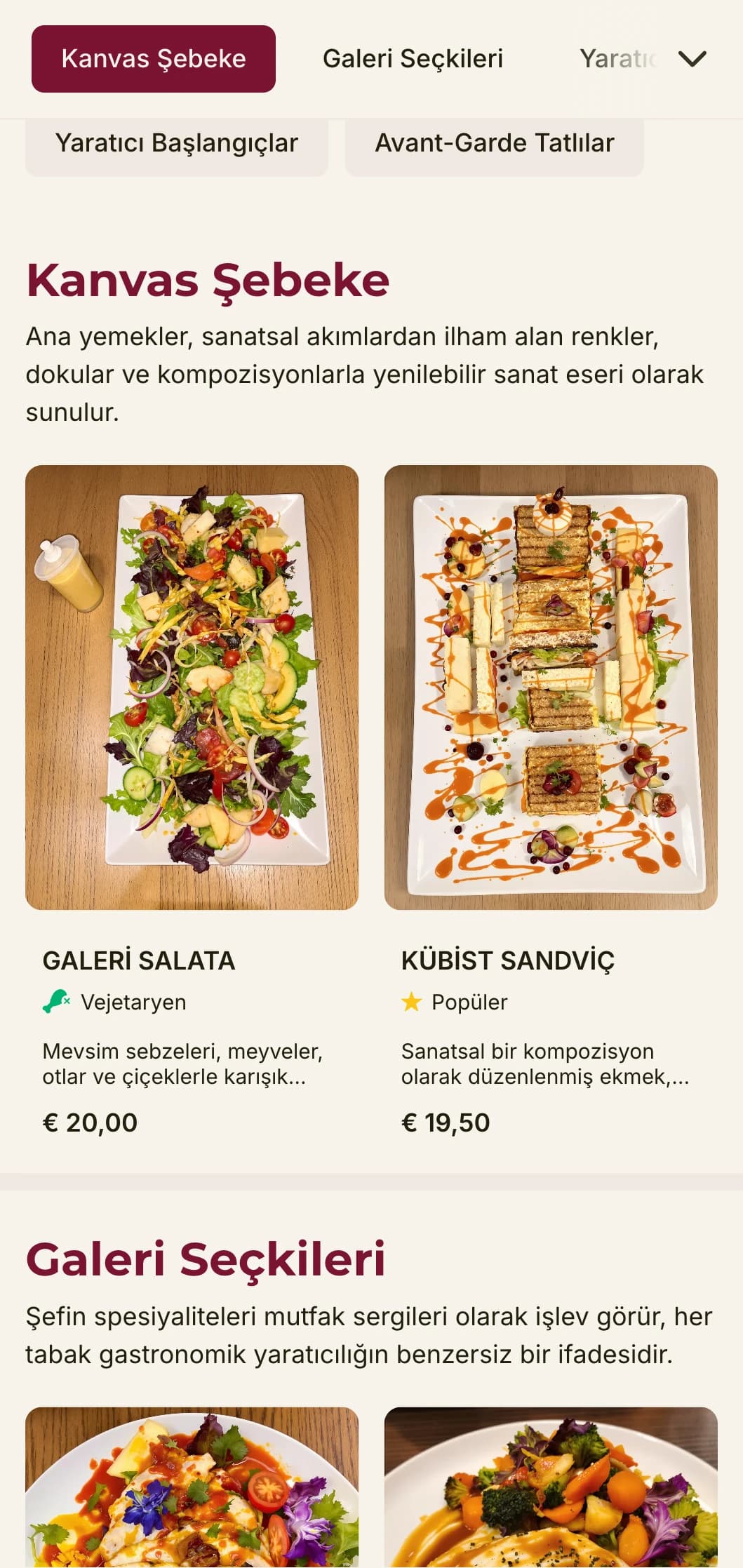 Galerilere ve sanatsal bölgelere yakın restoranlar için ideal olan, cesur renk vurgularına ve etkileyici düzene sahip yaratıcı, sanattan ilham alan öğle yemeği menüsü tasarımı.
