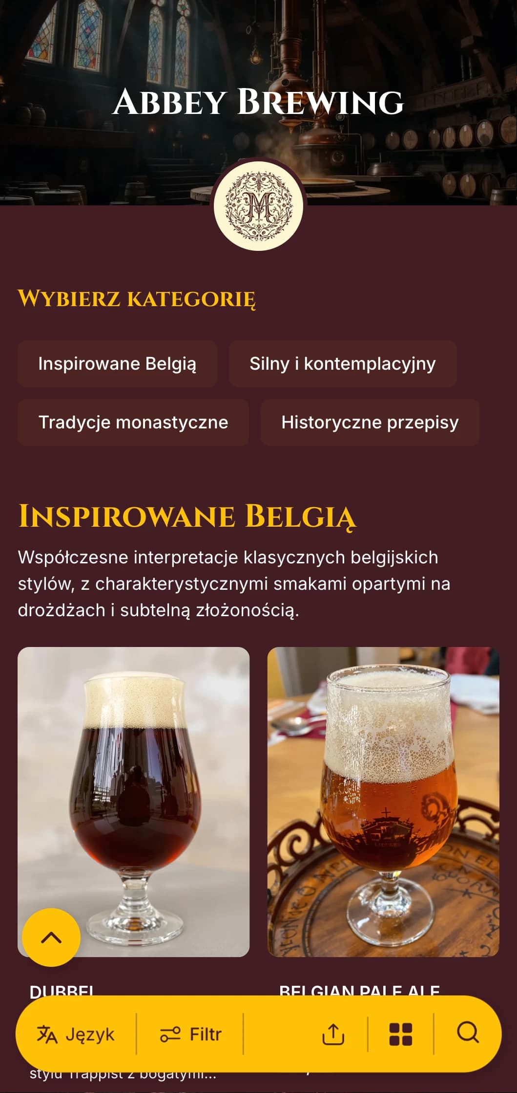 Elegancki i historyczny design inspirowany klasztornymi tradycjami piwowarskimi, z bogatymi odcieniami burgunda i klasyczną typografią.