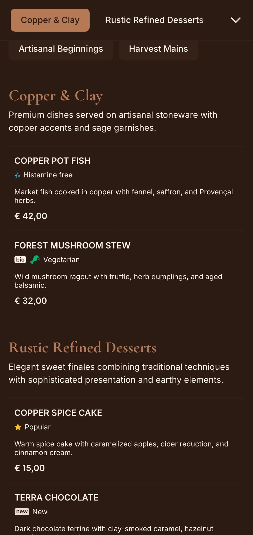 Refined rustic elegance featuring warm copper tones and sage accents, perfect for sophisticated farm-to-table and seasonal fine dining.