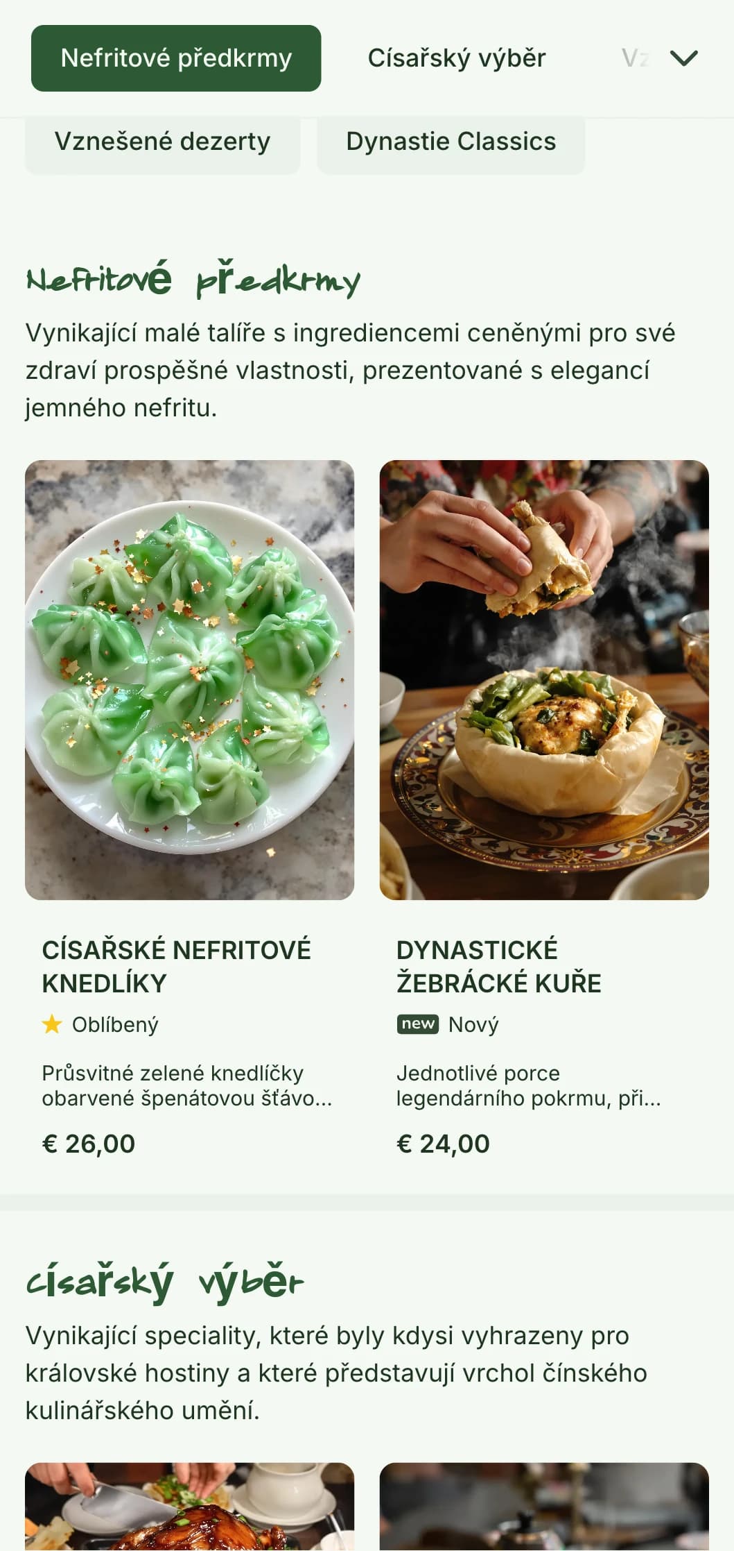 Elegantní design čínského menu s nefritovými motivy a prvky inspirovanými dynastií pro luxusní restaurace a banketové služby.
