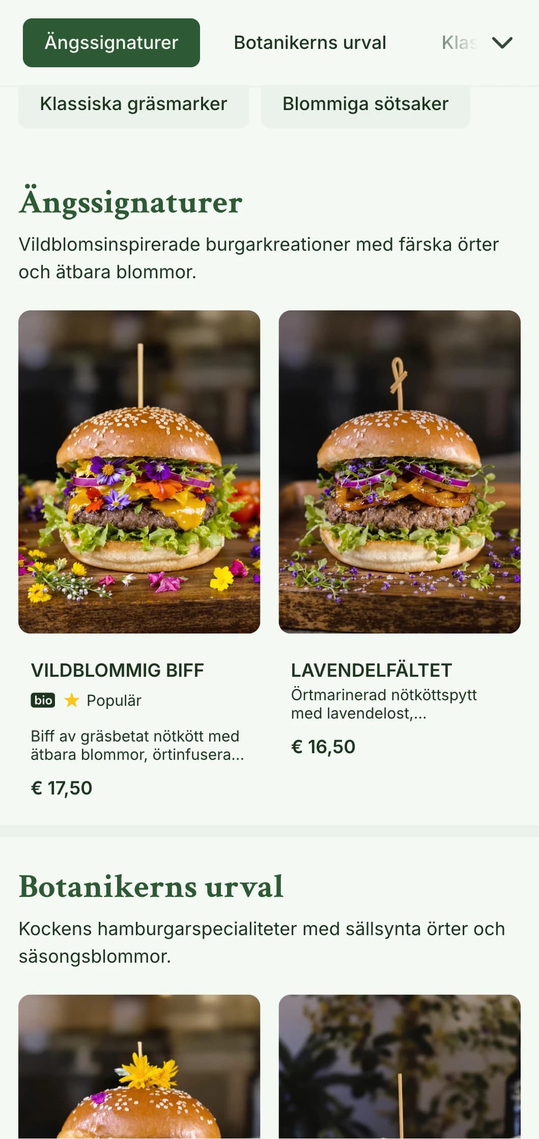 Vildbloms- och gräsmarksinspirerat hamburgerkoncept med naturlig, luftig estetik.