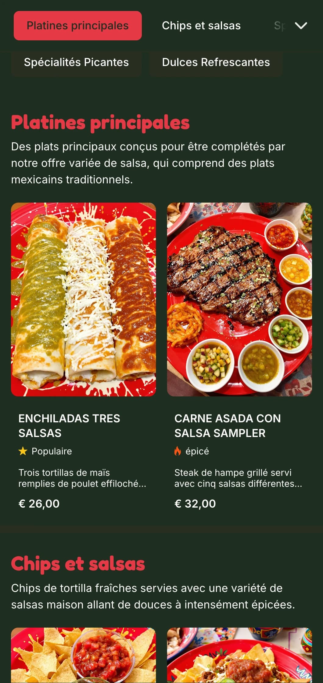 Menu dynamique et personnalisable axé sur diverses salsas mexicaines aux accents rouge vif, sur les niveaux d'épices et sur les plats complémentaires.