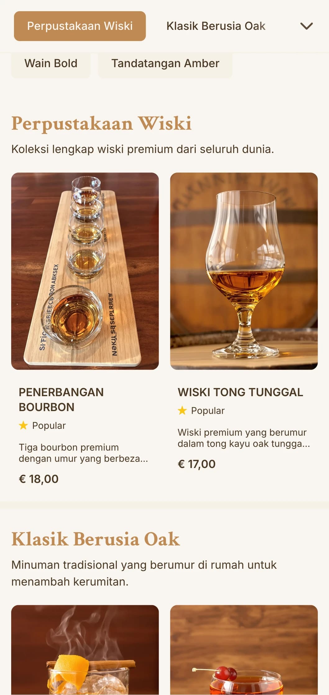 Reka bentuk ambar yang kaya dengan tekstur kayu untuk bar khusus wiski dan bourbon.
