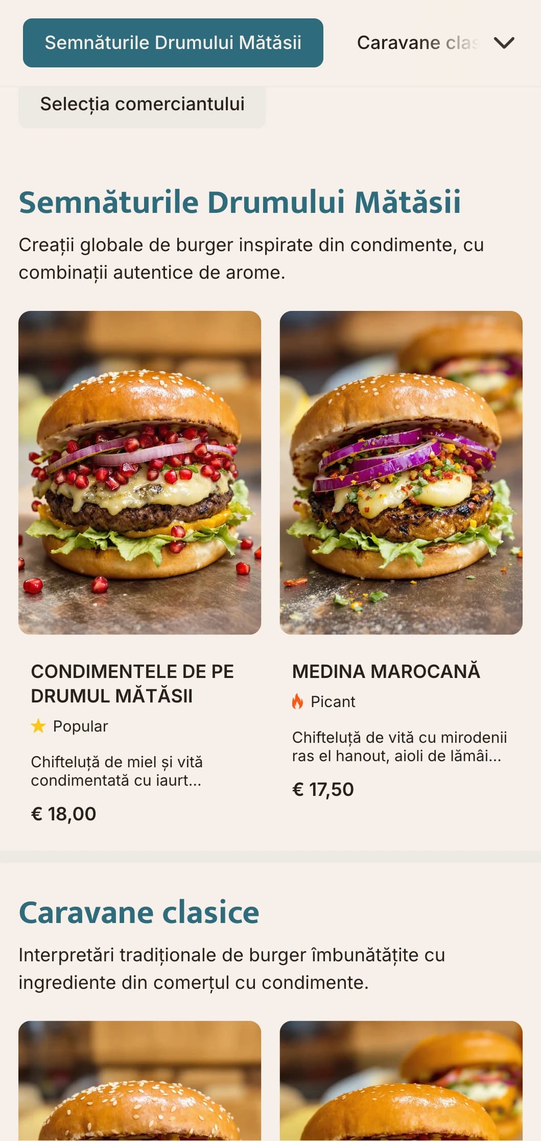 Meniu de burger inspirat din comerțul cu mirodenii, cu profiluri de arome globale și referințe istorice.