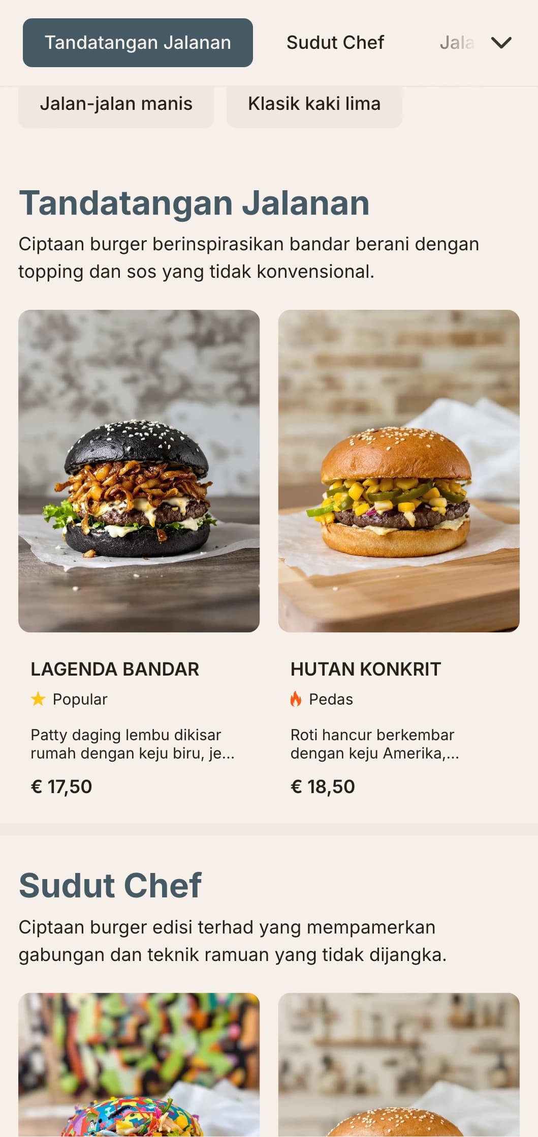 Reka bentuk inspirasi makanan jalanan bandar dengan kontras yang nyata dan unsur seni jalanan untuk pengalaman burger kasual kontemporari.