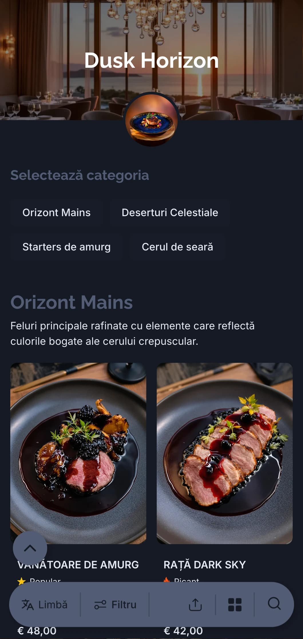 Concept rafinat de servire a mesei de seară, inspirat de culorile sofisticate ale amurgului și ale cerului crepuscular.