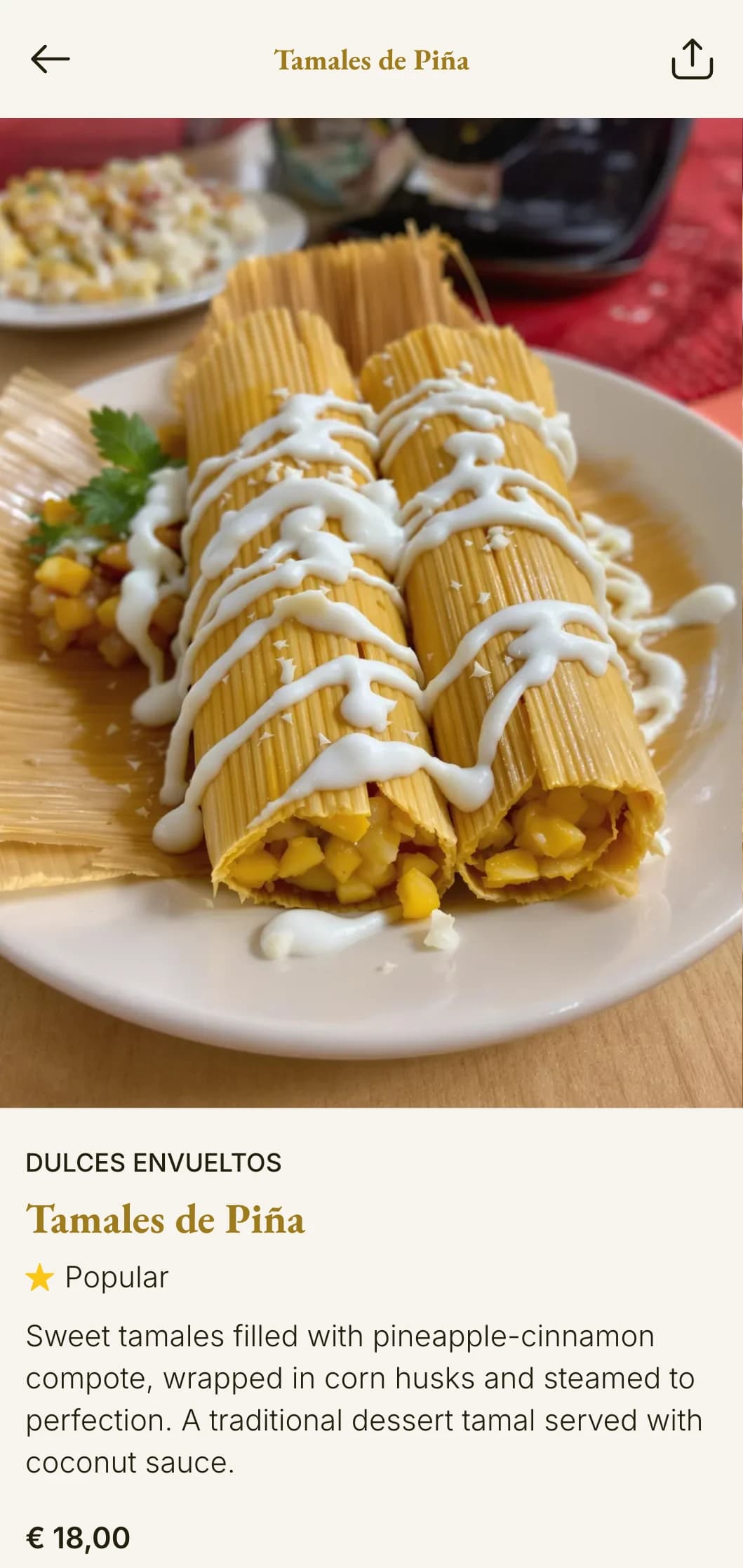 Authentic and comforting tamale-focused menu featuring gold corn husk accents, family recipes, and regional tamale variations.