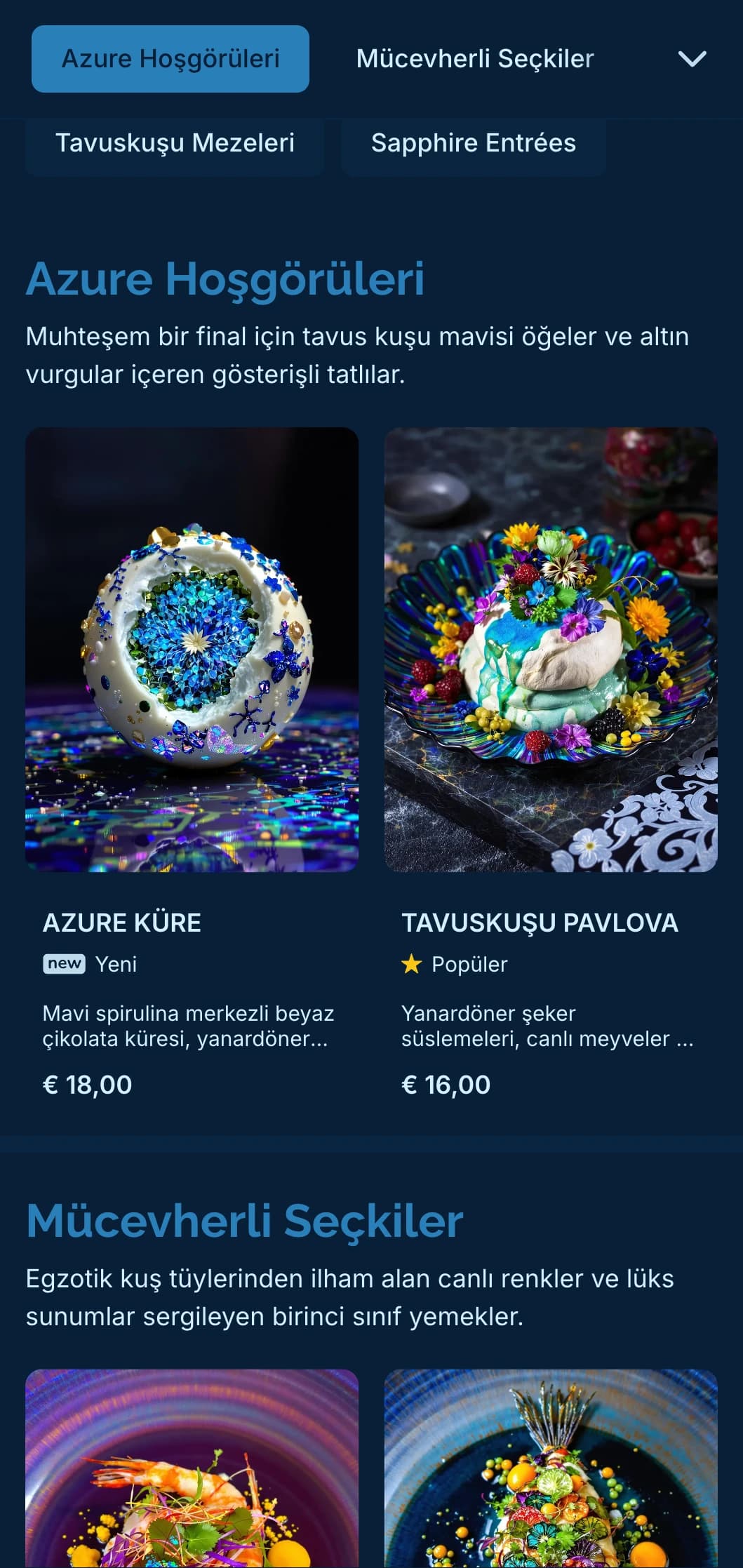 Lüks bir yemek deneyimi için tavus kuşu mavisi tonları ve ince altın vurgular içeren canlı ama sofistike bir konsept.