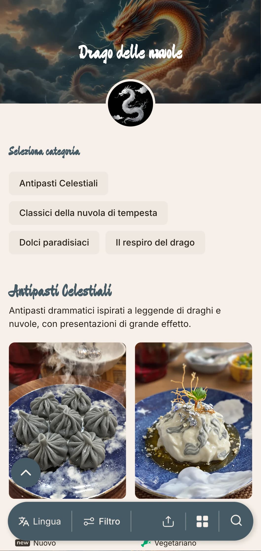 Design drammatico del menu cinese con motivi di nuvole e draghi, con elementi potenti per un'autentica cucina imperiale.