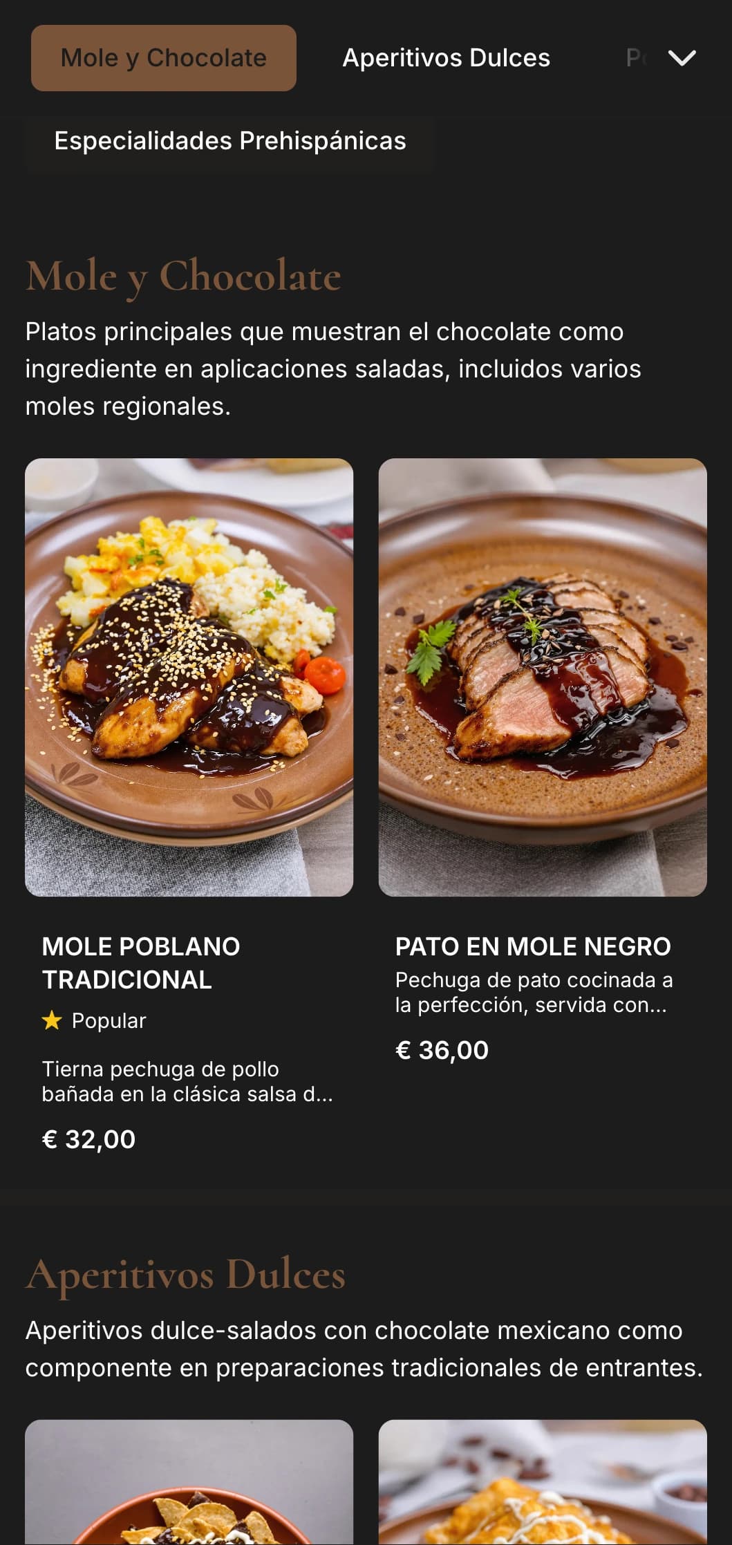Rica e indulgente carta de postres mexicanos con cálidos tonos de chocolate marrón, dulces tradicionales y auténticas preparaciones de chocolate.