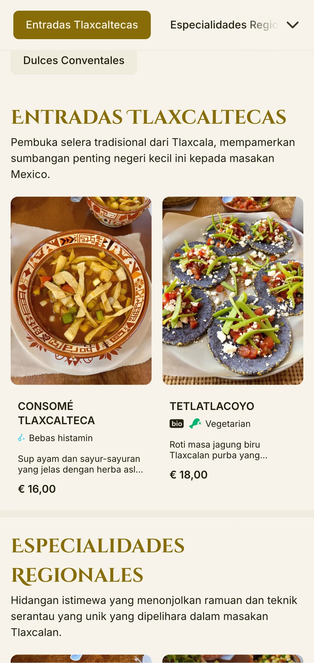 Menu yang elegan dan bersejarah yang meraikan tradisi masakan Tlaxcala yang menampilkan aksen emas, pengaruh pra-Hispanik dan kepakaran serantau.