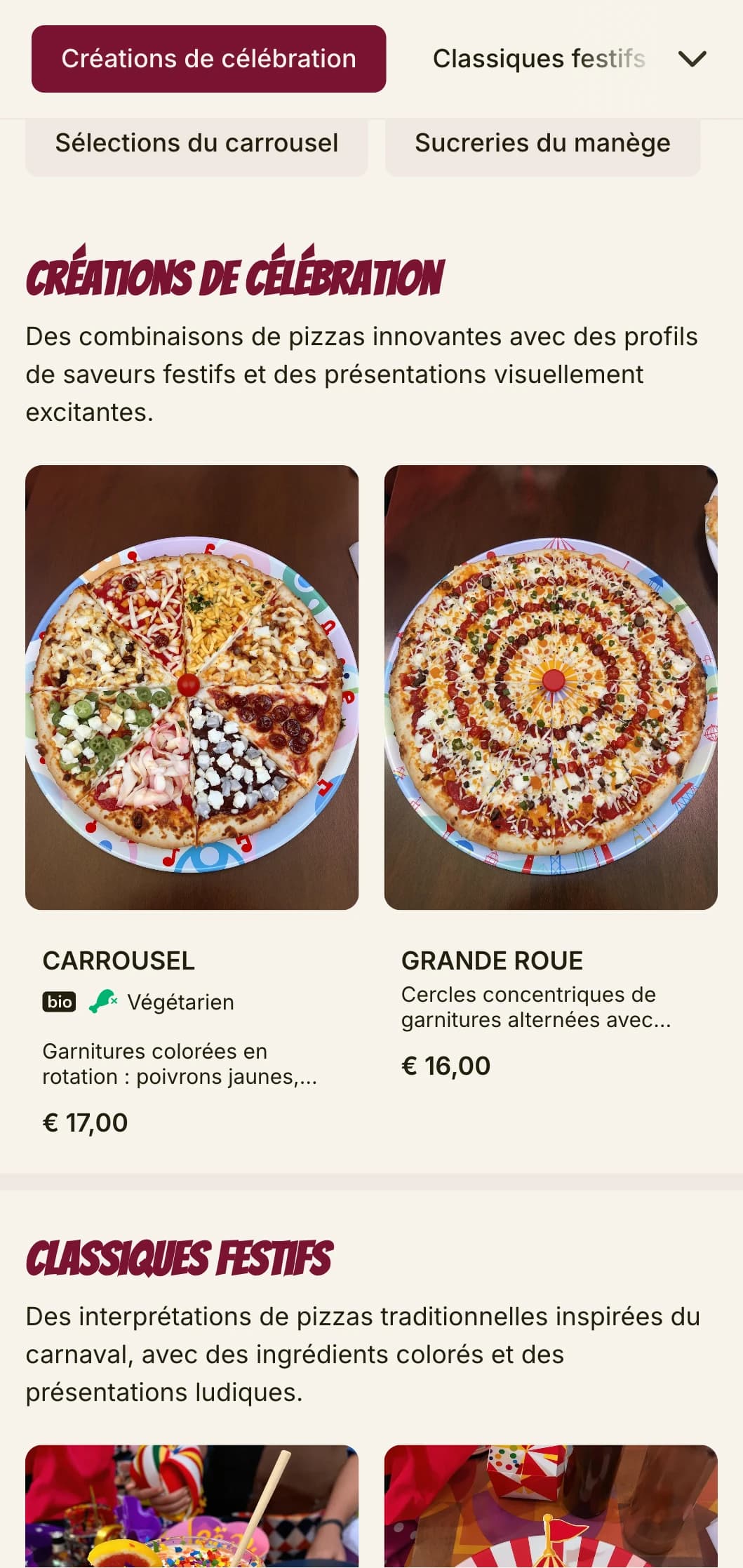 Carte de pizzas festive et énergique avec des couleurs vives et des éléments ludiques.