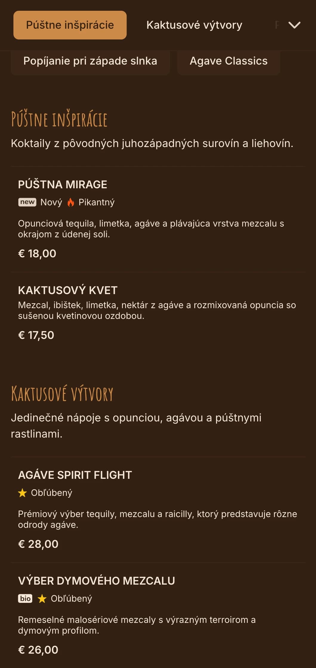 Teplá paleta inšpirovaná púšťou s juhozápadnými motívmi pre bary s tequilou a mezcalom.