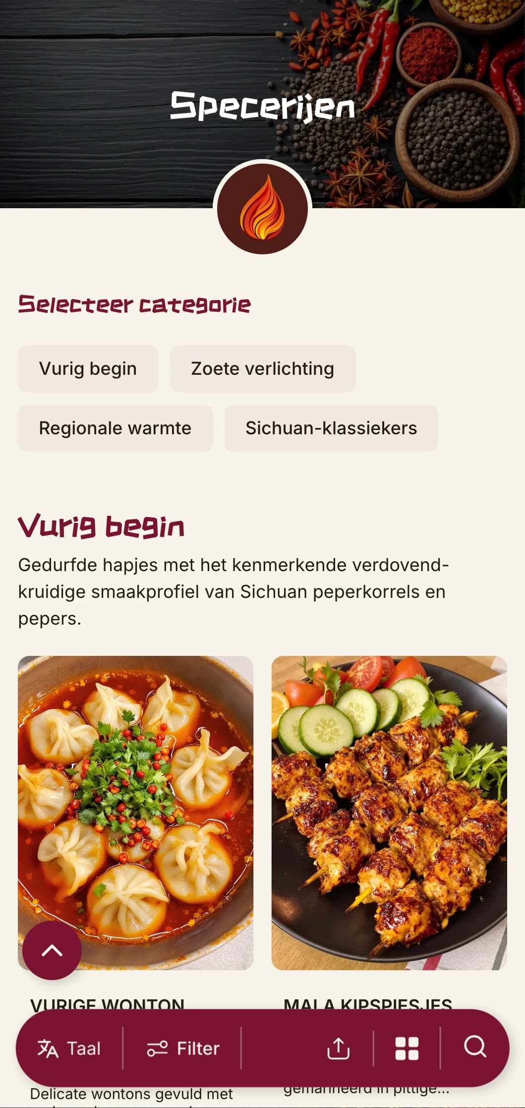 Levendig Chinees menuontwerp geïnspireerd op de kruidentradities van Sichuan en Hunan, met felle kleuren voor de authentieke regionale keuken.