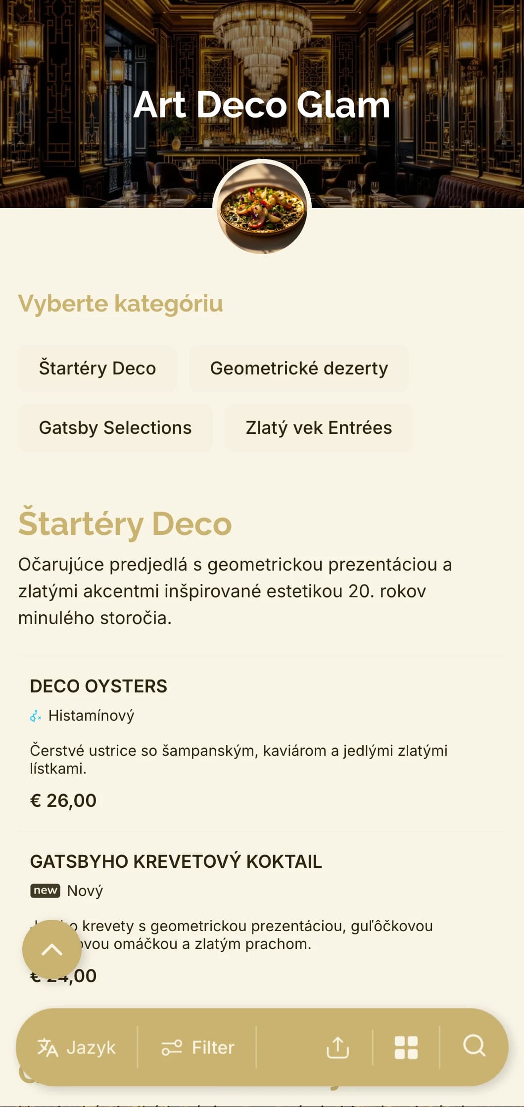 Očarujúci dizajn inšpirovaný 20. rokmi minulého storočia s geometrickými vzormi a zlatými akcentmi pre nadčasový a zároveň moderný zážitok z jedla.