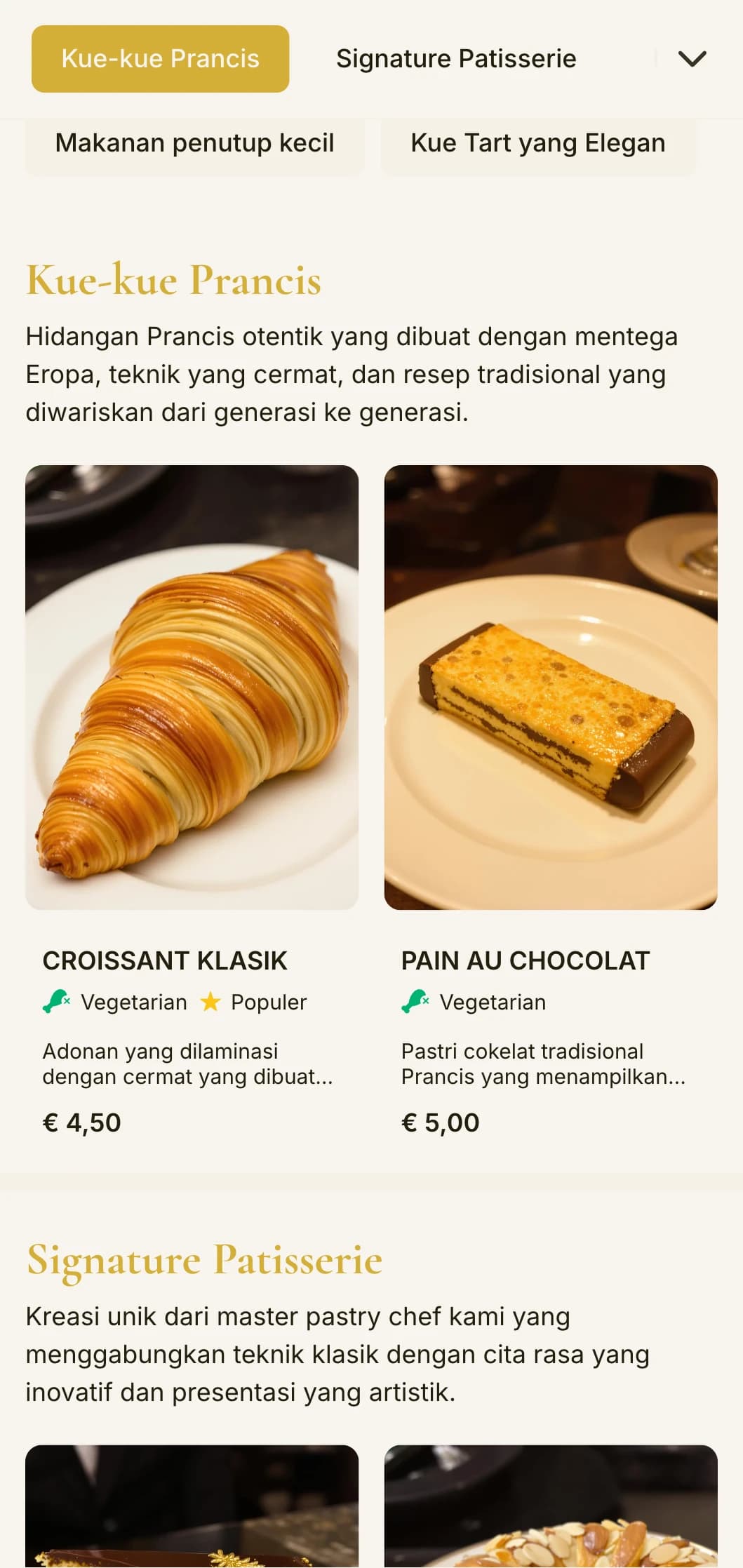 Desain menu roti yang elegan dan mewah dengan aksen emas dan tipografi yang canggih, cocok untuk toko kue dan toko makanan penutup kelas atas.