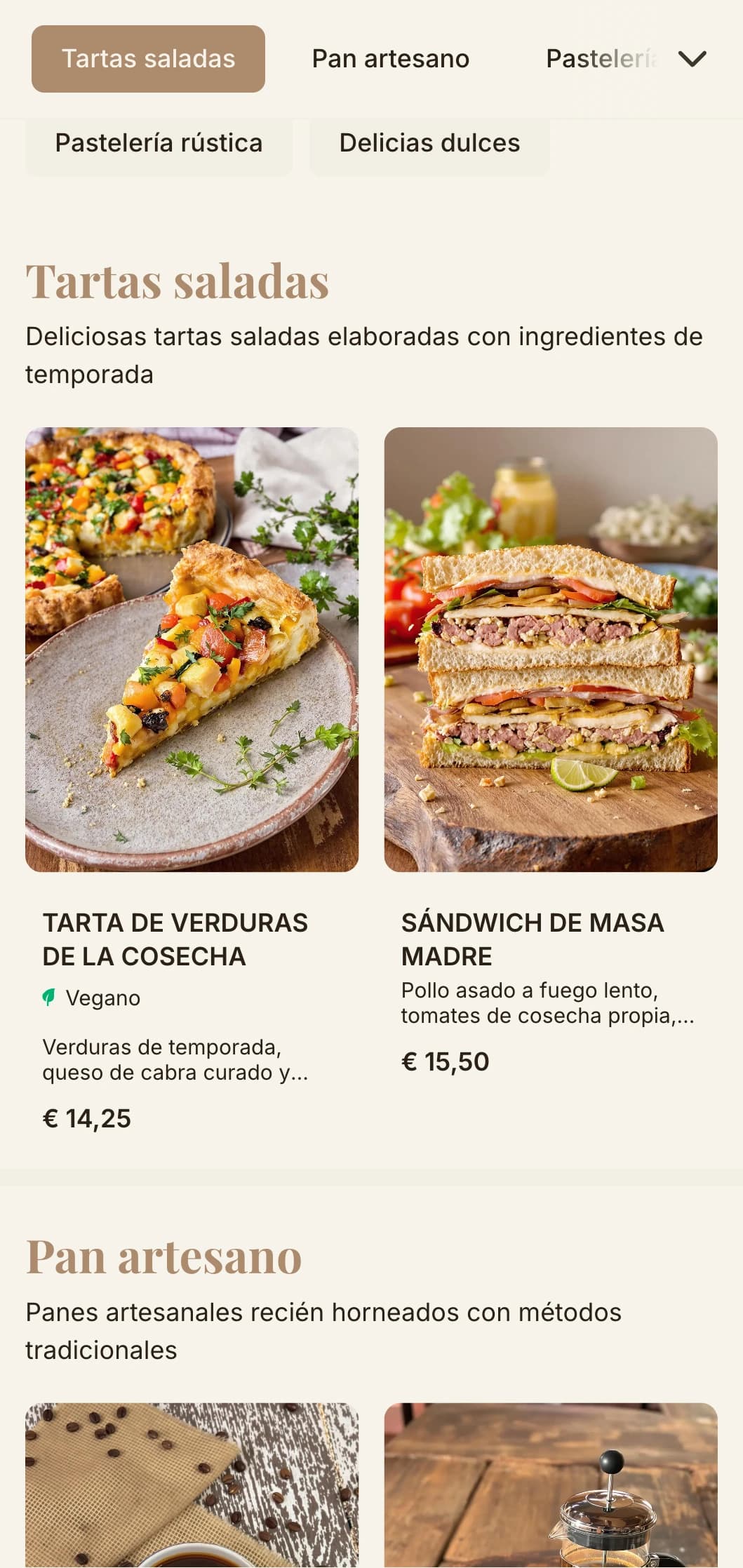 Tonos terrosos con tipografía artesanal para cafeterías y pastelerías.