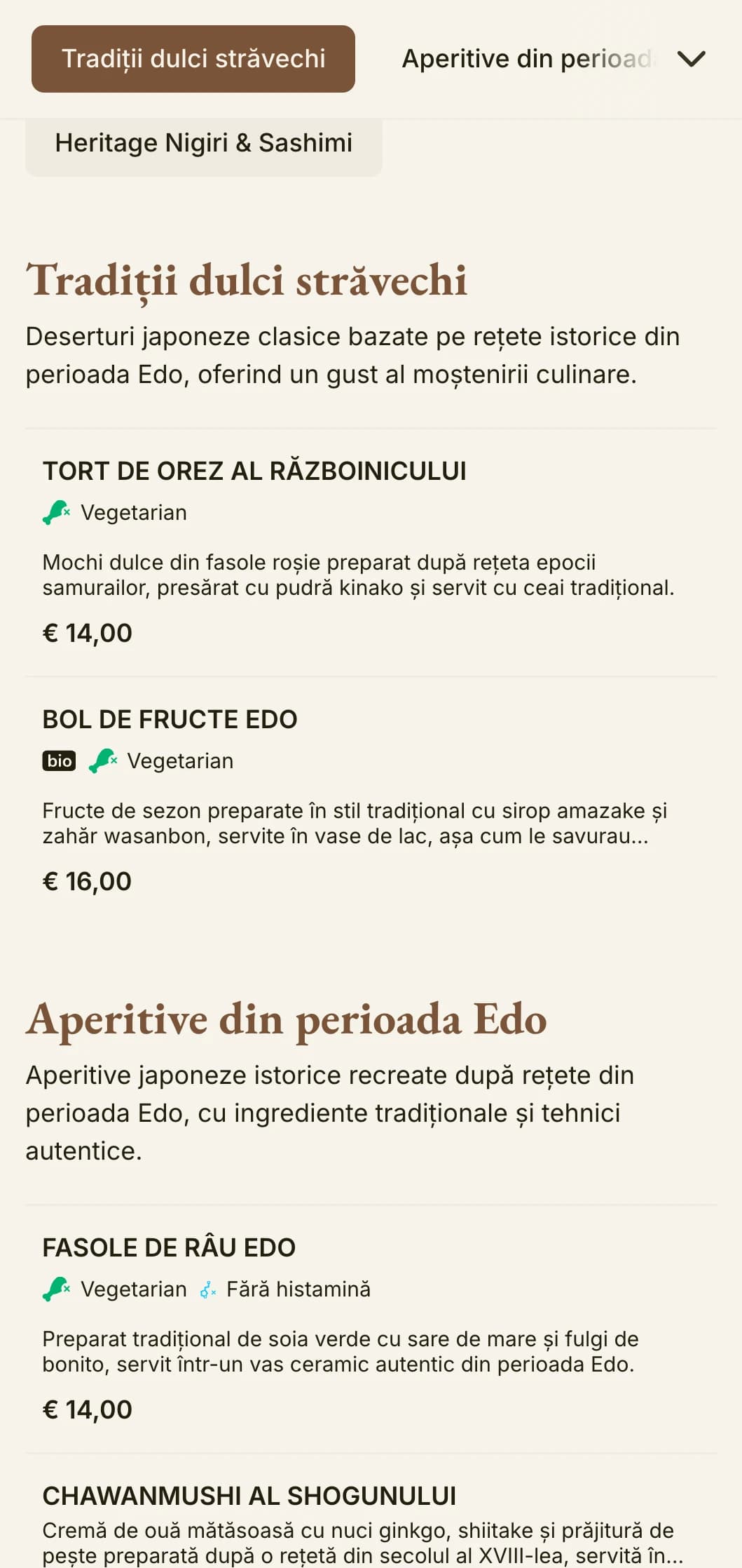 Meniu sushi de inspirație istorică japoneză, cu estetică tradițională din perioada Edo și tipografie clasică.