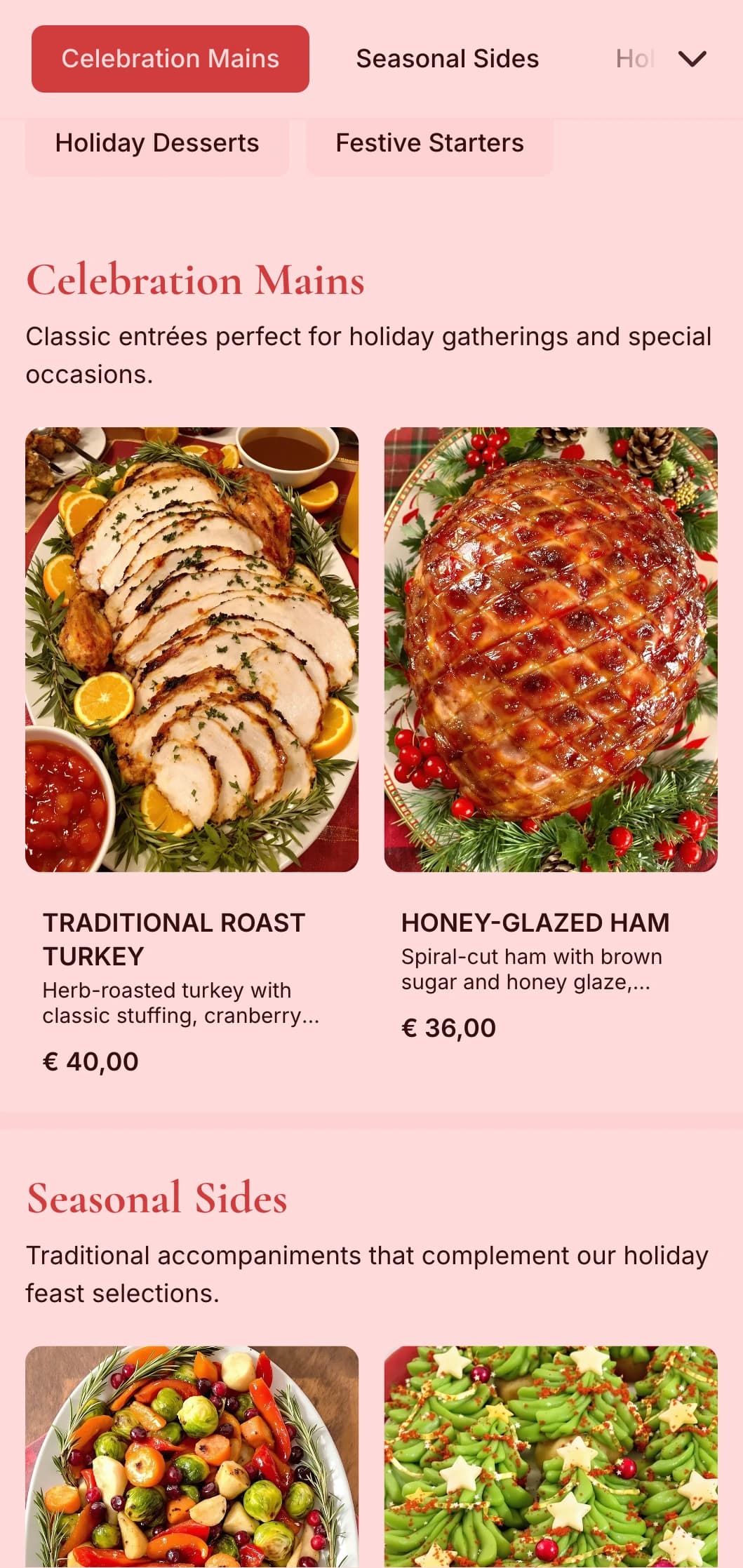 Traditional holiday-themed catering with seasonal specialties, festive presentation, and celebratory elements for winter gatherings and special occasions.