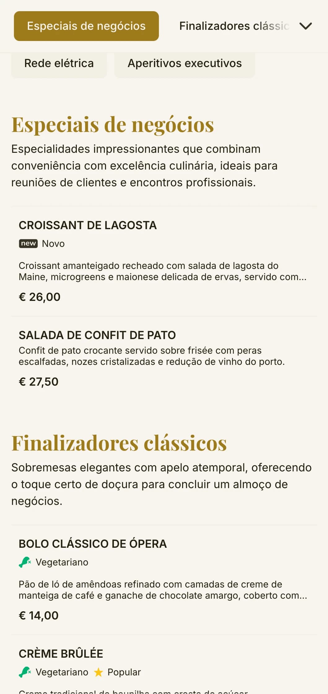 Design elegante e eficiente de cardápio de almoço para distritos comerciais e bufê corporativo, com tipografia atemporal e layout sofisticado para almoços profissionais rápidos.