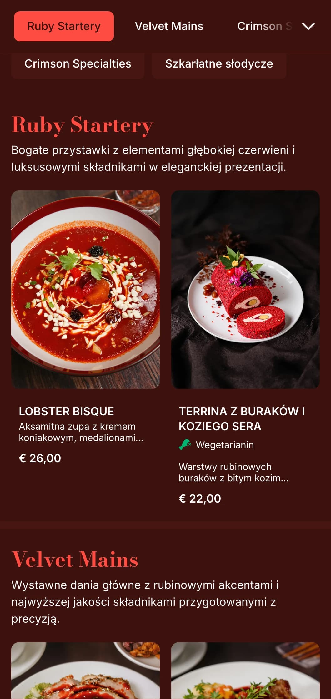 Bogate, rubinowo-czerwone menu obiadowe z pluszowymi teksturami i dramatycznymi elementami, zaprojektowane z myślą o romantycznych lokalach gastronomicznych.