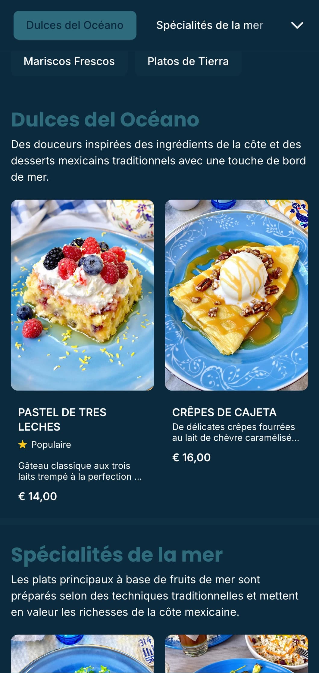 Un menu mexicain côtier, frais et décontracté, proposant des spécialités de fruits de mer avec des accents bleu azur, des motifs de vagues subtils et une ambiance de bord de mer.
