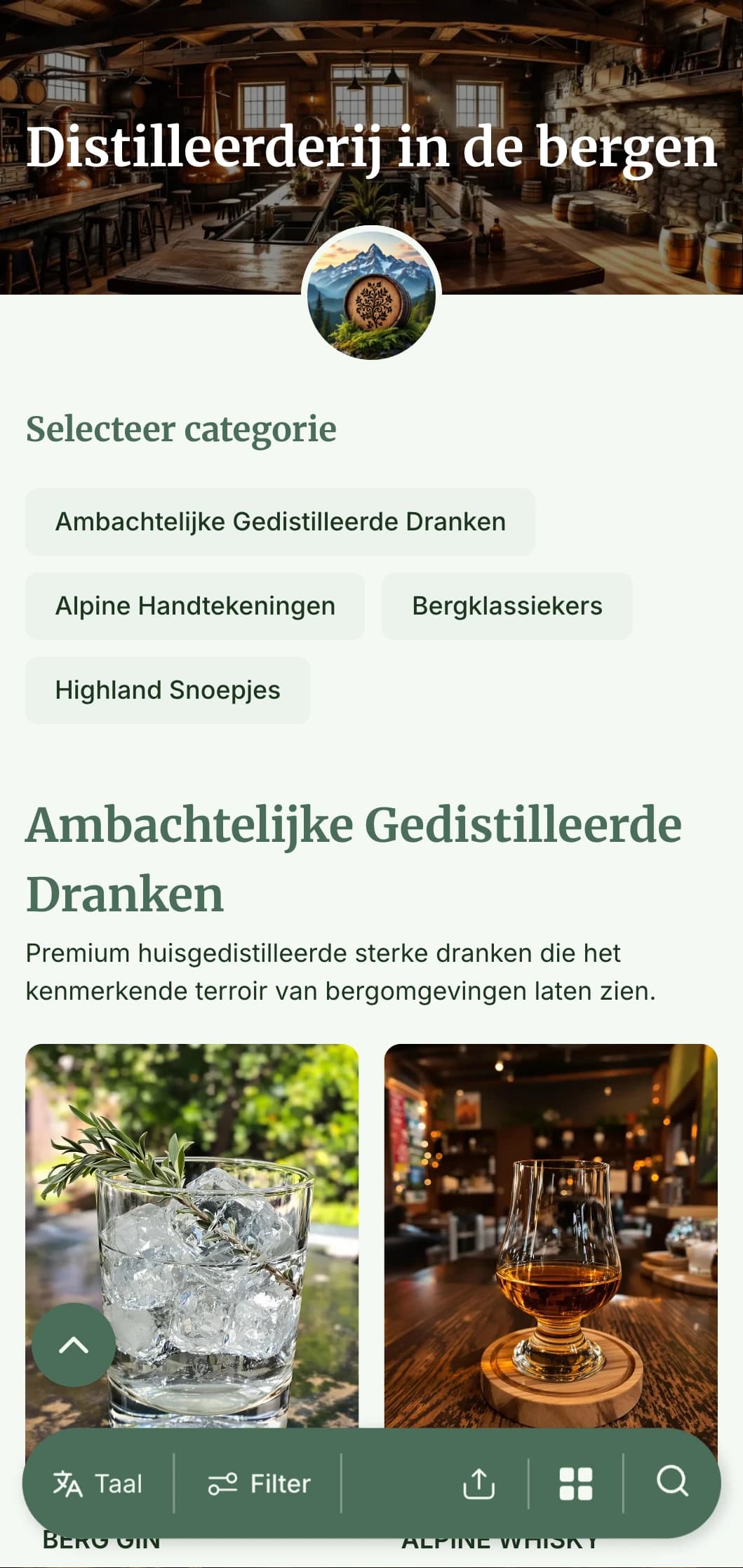 Een rustiek, op de Alpen geïnspireerd ontwerp voor distilleerderijen en spiritbars in de bergen met aardetinten en natuurlijke elementen.