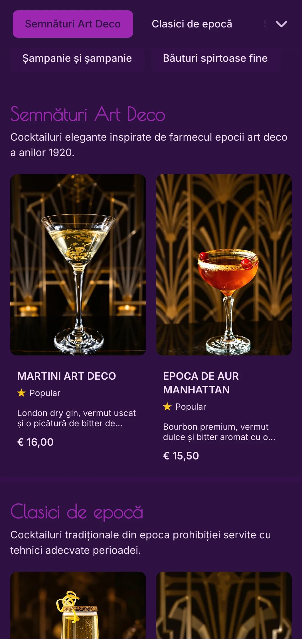 Design elegant purpuriu și auriu inspirat de art deco-ul anilor 1920 pentru saloanele de cocktailuri de lux.