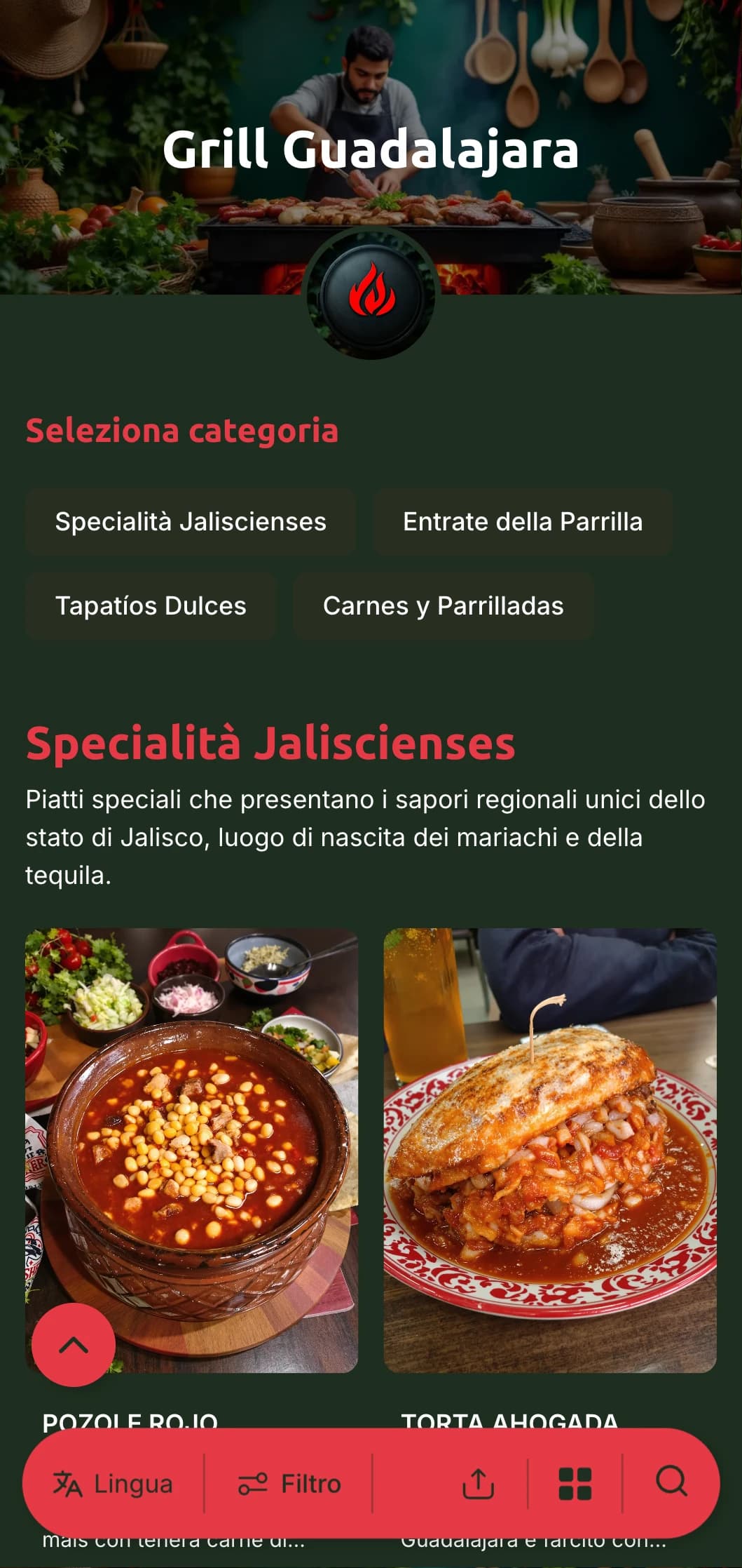 Menu audace e saporito che celebra la cucina di Guadalajara, con ricchi accenti rossi, piatti tradizionali alla griglia e specialità regionali.