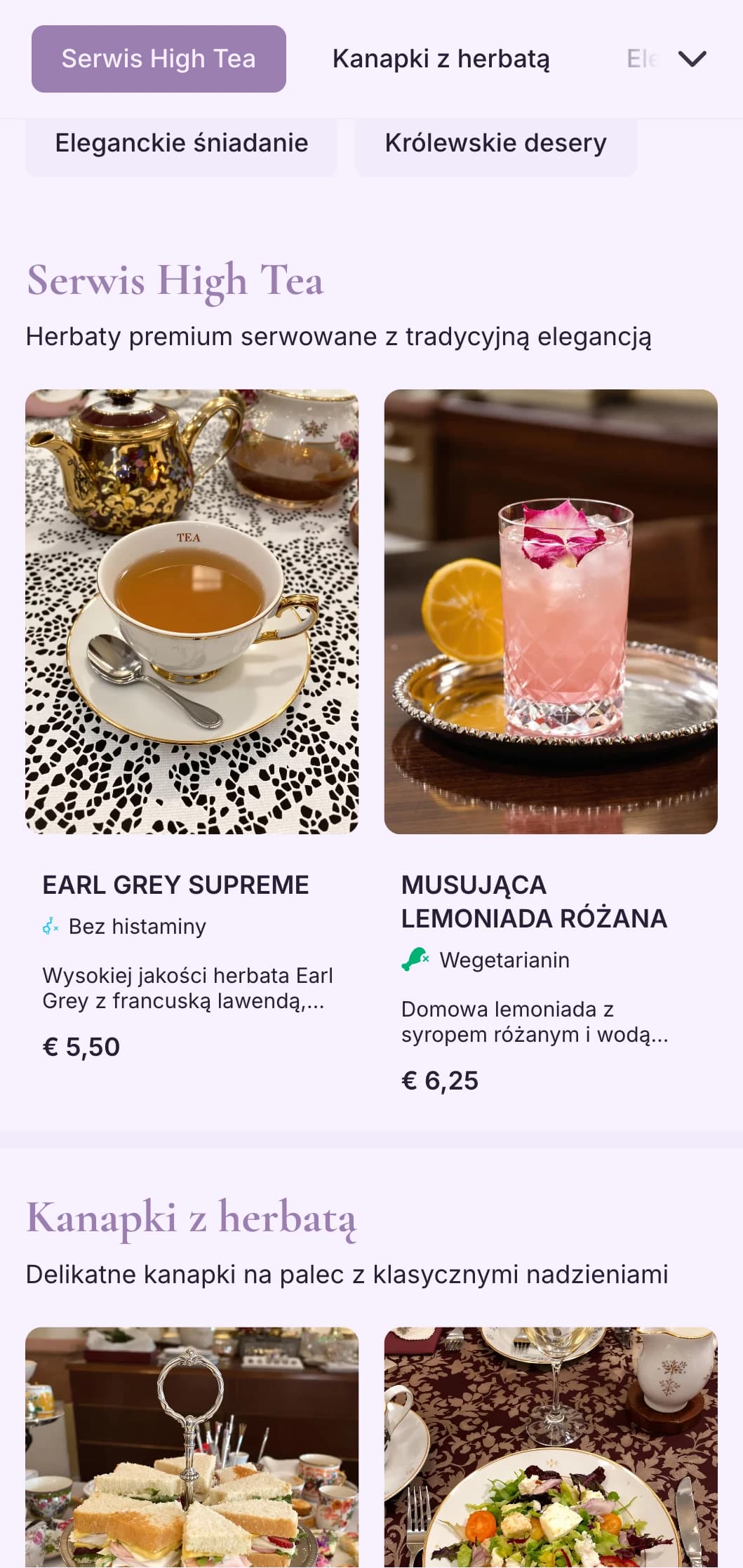 Wyrafinowany fioletowy wzór dla ekskluzywnych herbaciarni i eleganckich cukierni.