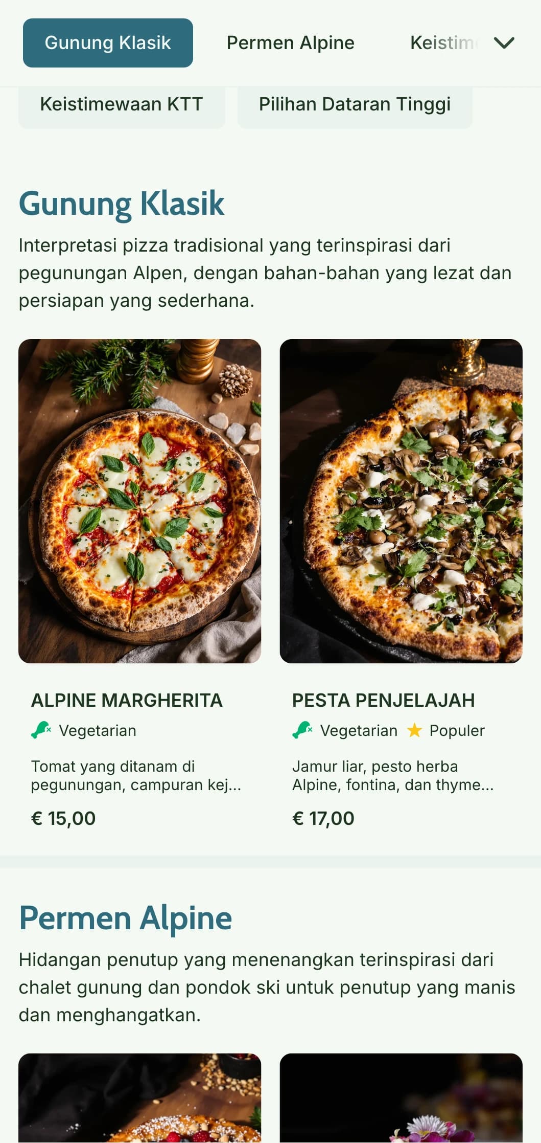 Menu pizza yang terinspirasi dari pegunungan dengan elemen alami dan estetika alpine pedesaan.