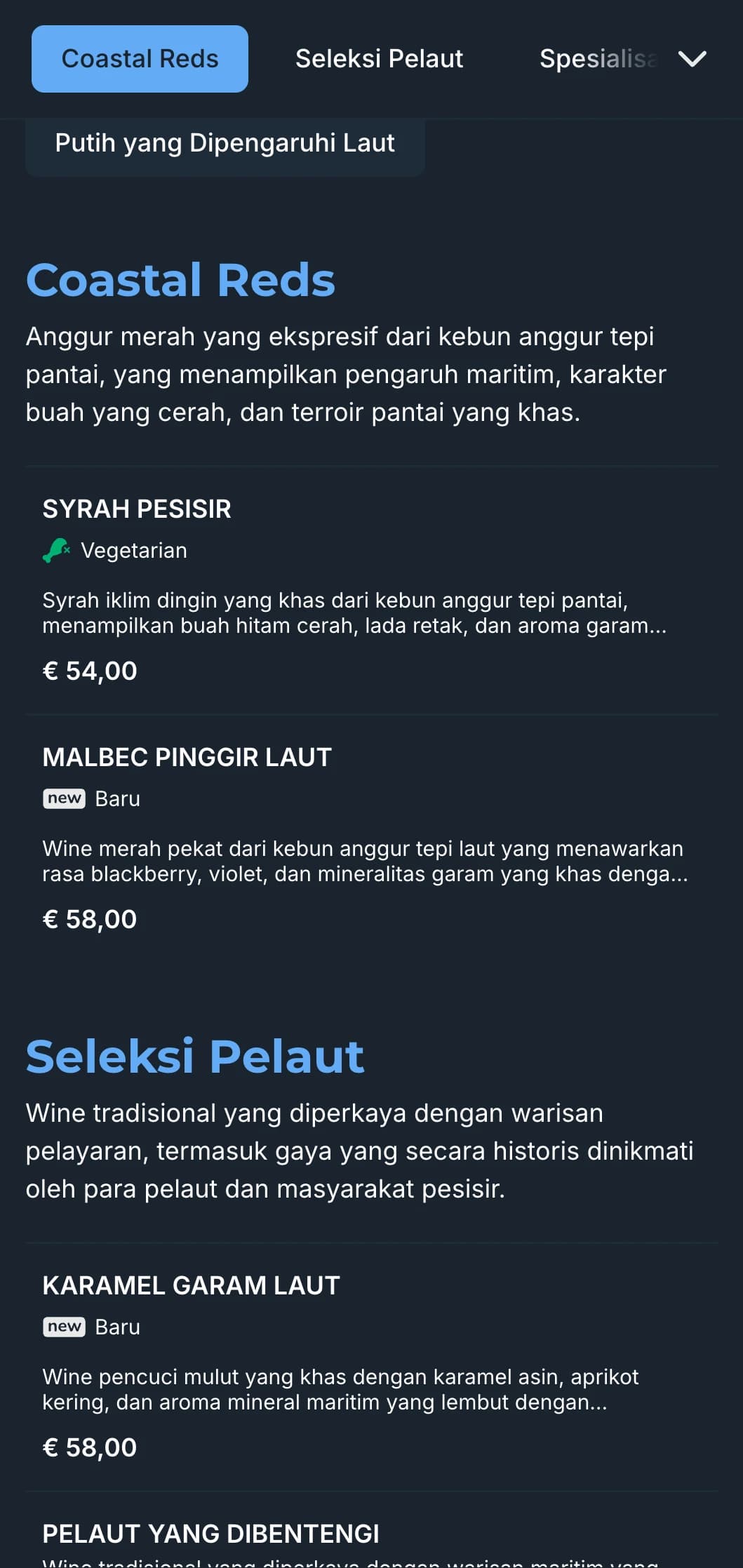 Templat daftar anggur gelap yang terinspirasi dari Mediterania dengan aksen biru cerah, cocok untuk restoran pesisir malam dan pengalaman anggur tepi laut.