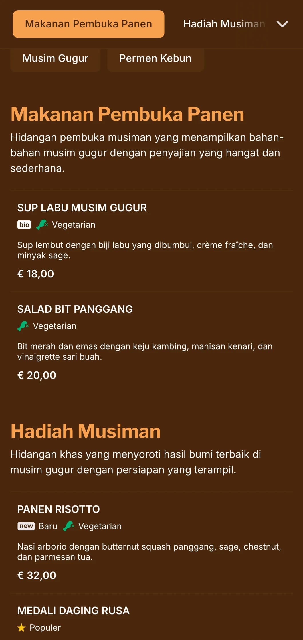 Menu makan malam yang hangat dan terinspirasi dari musim gugur dengan warna kuning yang kaya, cocok untuk hidangan musiman dan restoran yang berfokus pada panen.